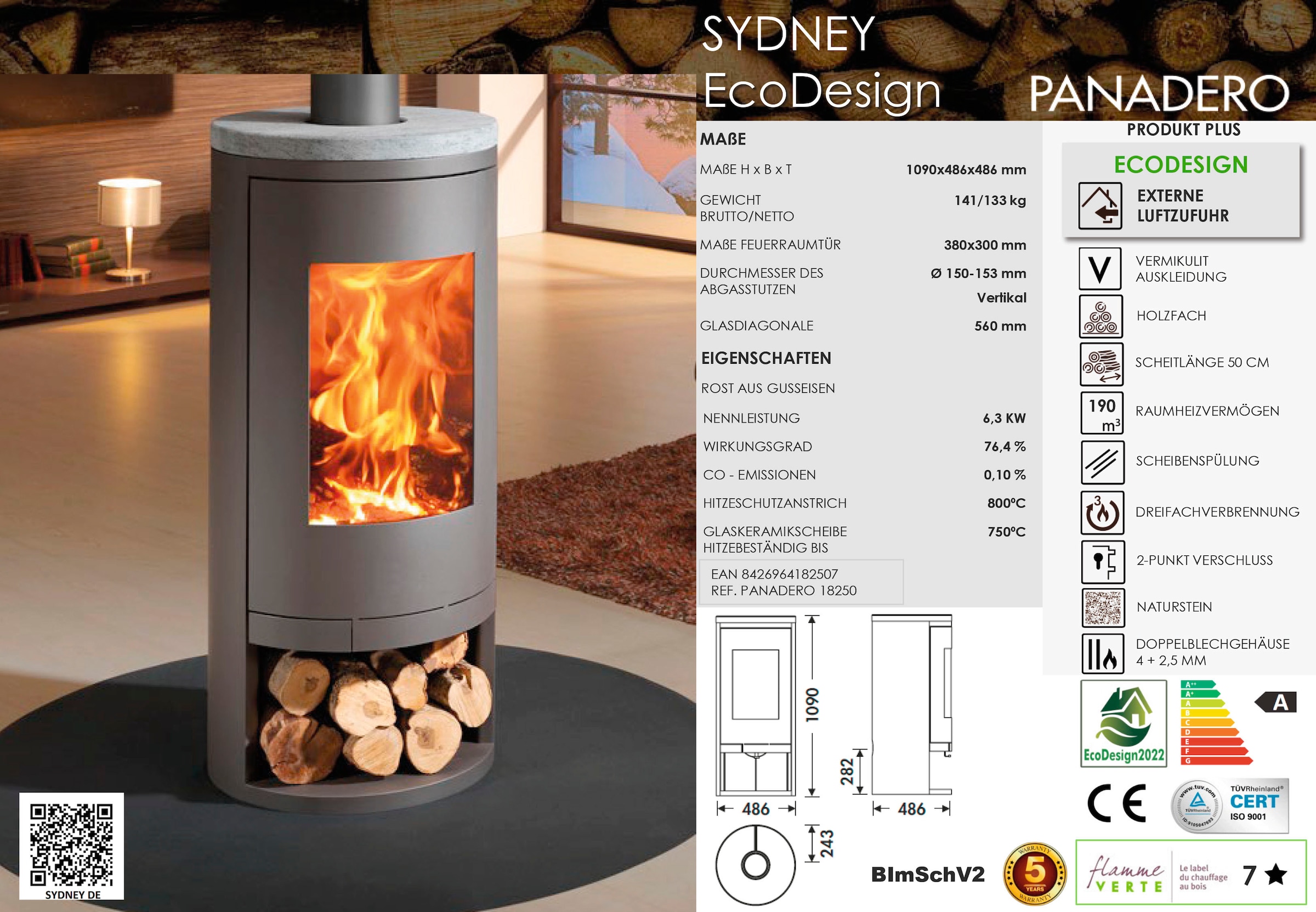 (1 kaufen | »Kaminofen Sydney tlg.) Panadero Ecodesign«, Kaminofen BAUR