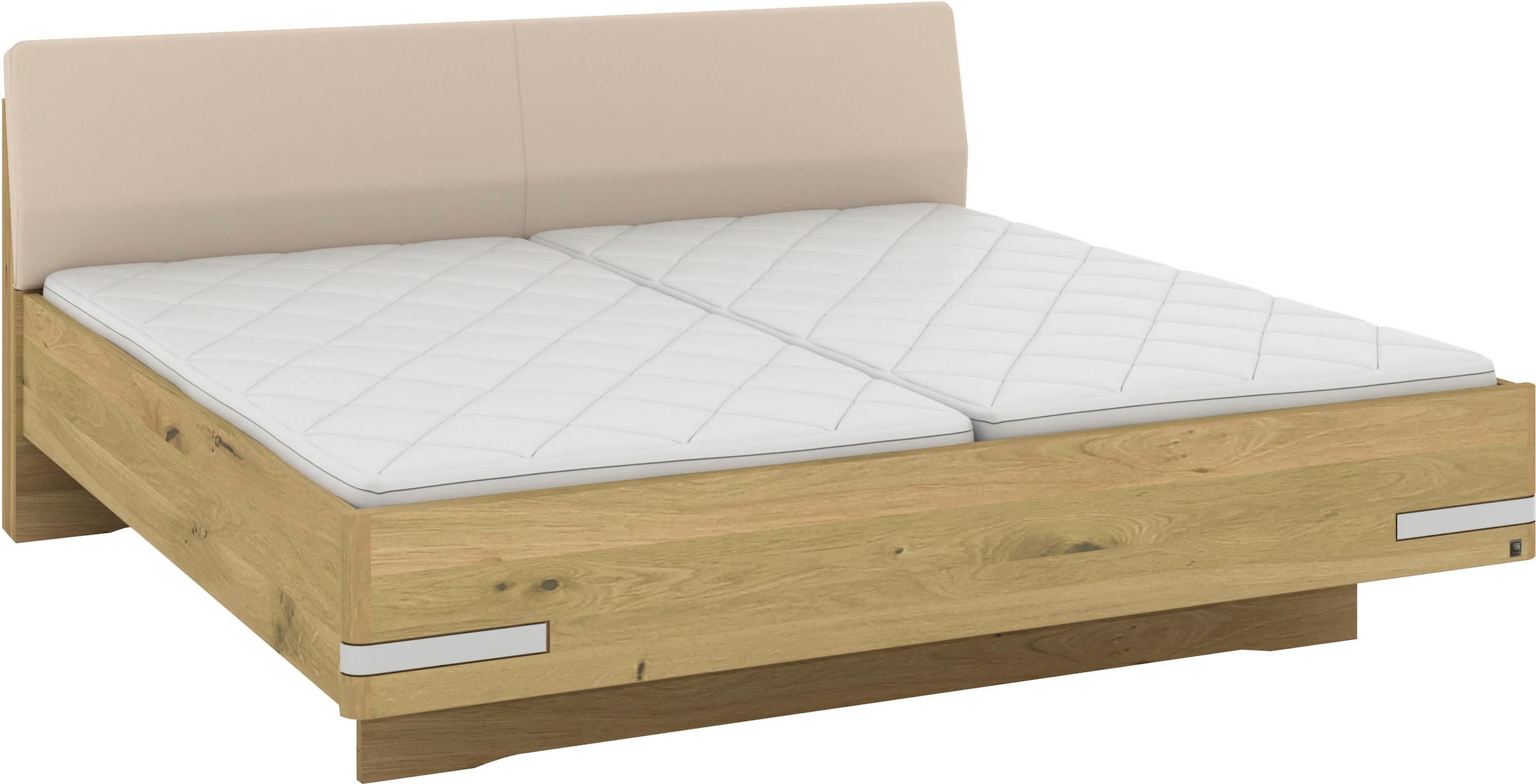 Musterring Holzbett »Savona, Bettgestell, Bettrahmen, teilmassiv Bianco-Eiche«, (Belastbarkeit 220 Kg, 4-fache Liegehöhenverstellung, MADE IN GERMANY), Kopfteil Kunstleder Champagner, Details in Chrom, verschiedene Größen