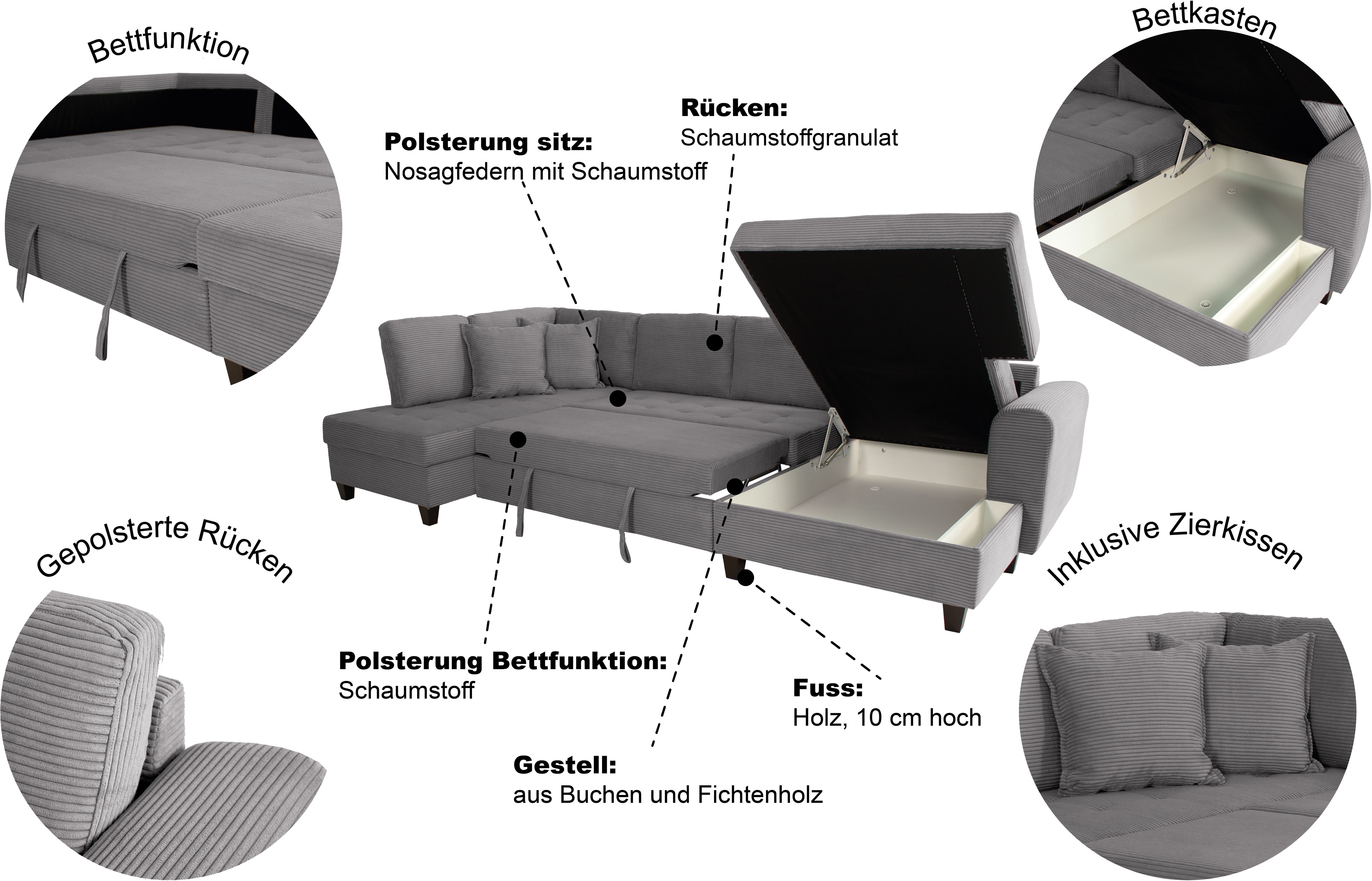 Thumbnail - Trends by HG Wohnlandschaft "Moritz U-Form, B: 324 cm" mit Bettfunktion, Bettkasten & Zierkissen
