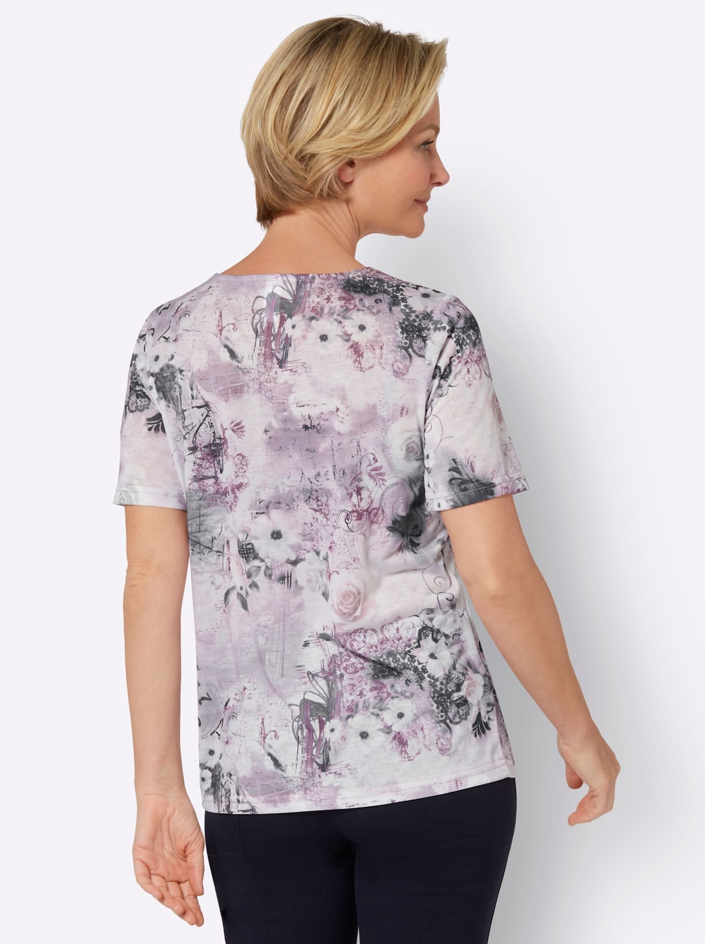 Kurzarmshirt CLASSIC BASICS "Kurzarm-Shirt", Damen, Gr. 48, lila (mauve, steingrau, bedruckt), 100% Polyester, geblümt, gemustert, mehrfarbig, Rundhals, Shirts 2