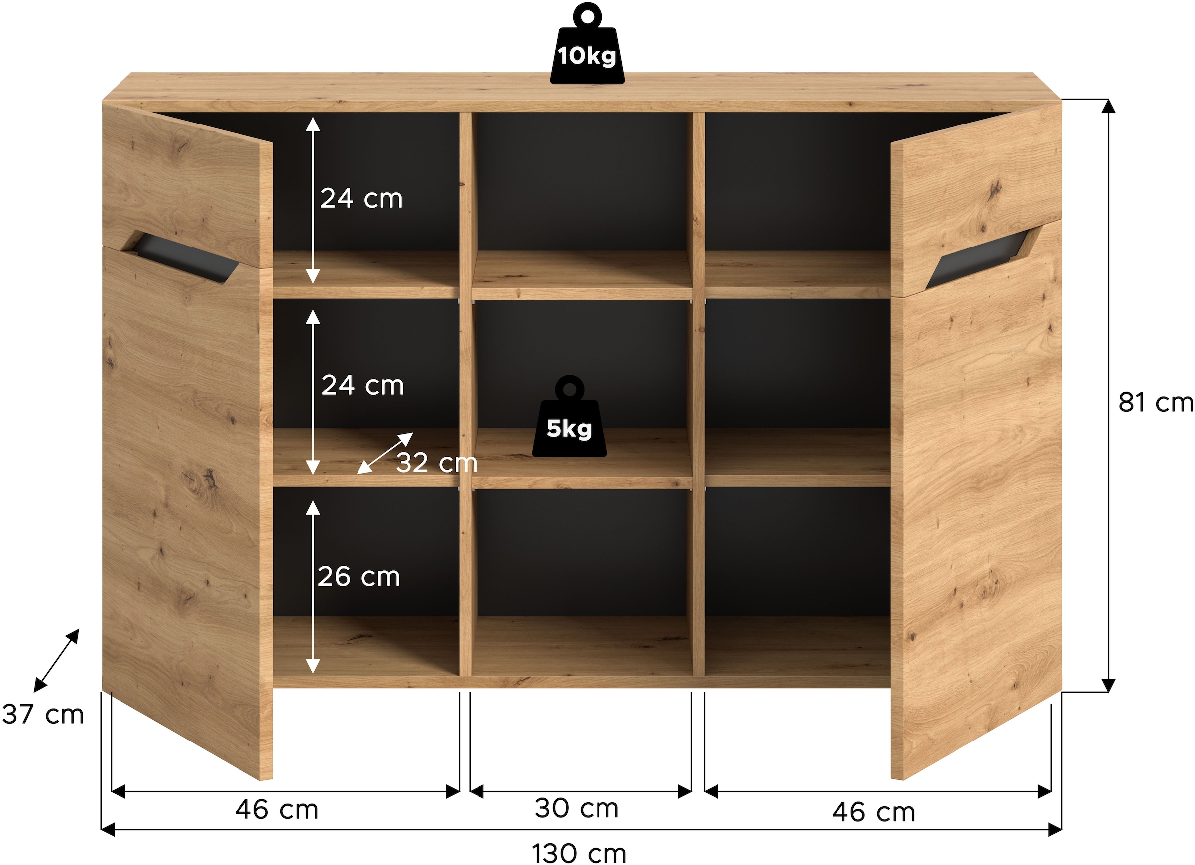 INOSIGN Sideboard »SERTA, Breite: 130cm, 2 Türen, 3 offene Fächer, viel Stauraum«, Anrichte, Kommode, Schrank, Board, Higboard