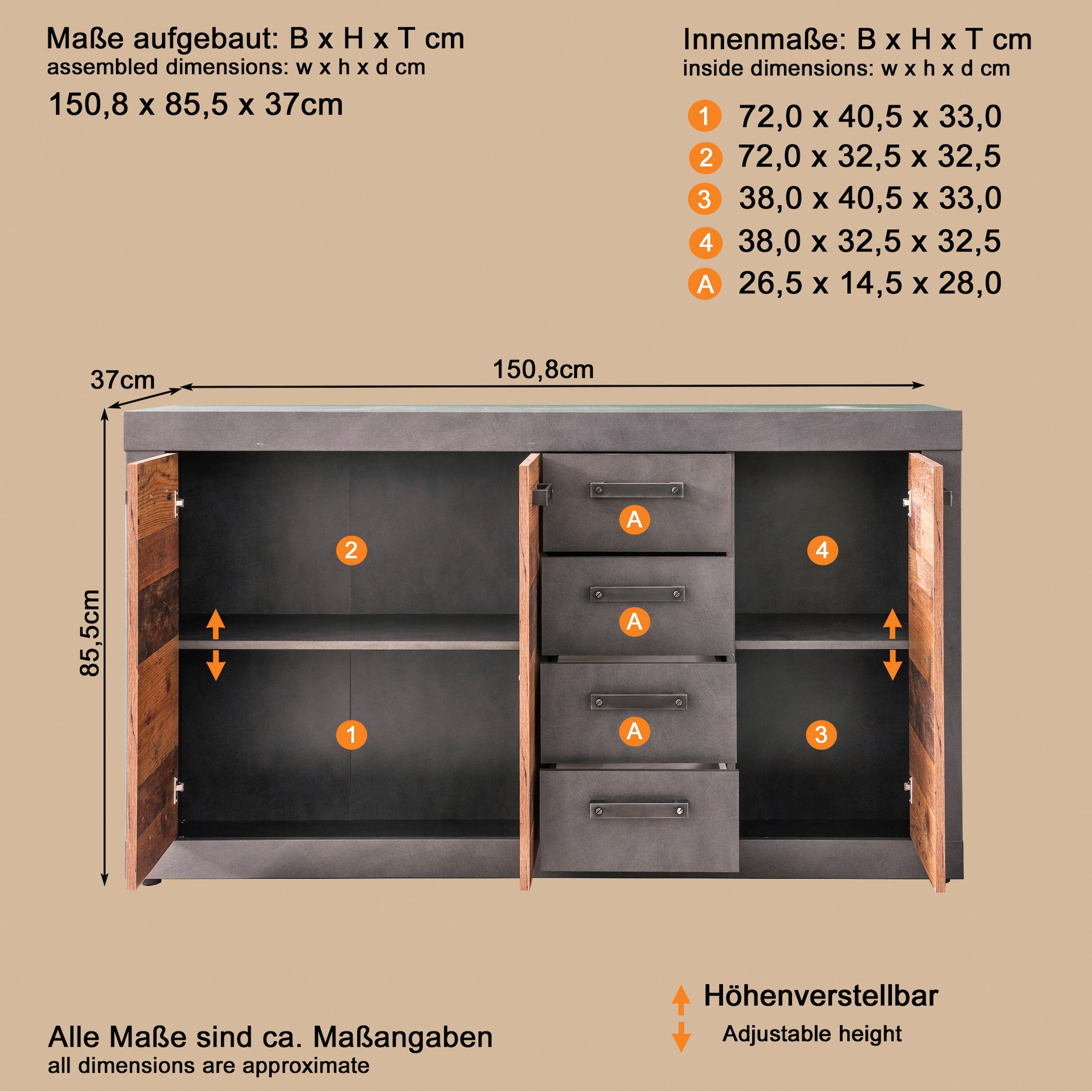 INOSIGN Kommode »Ilana«, Kommode mit 3 Türen & 4 Schubladen - (B/T/H) 151/37/86 cm