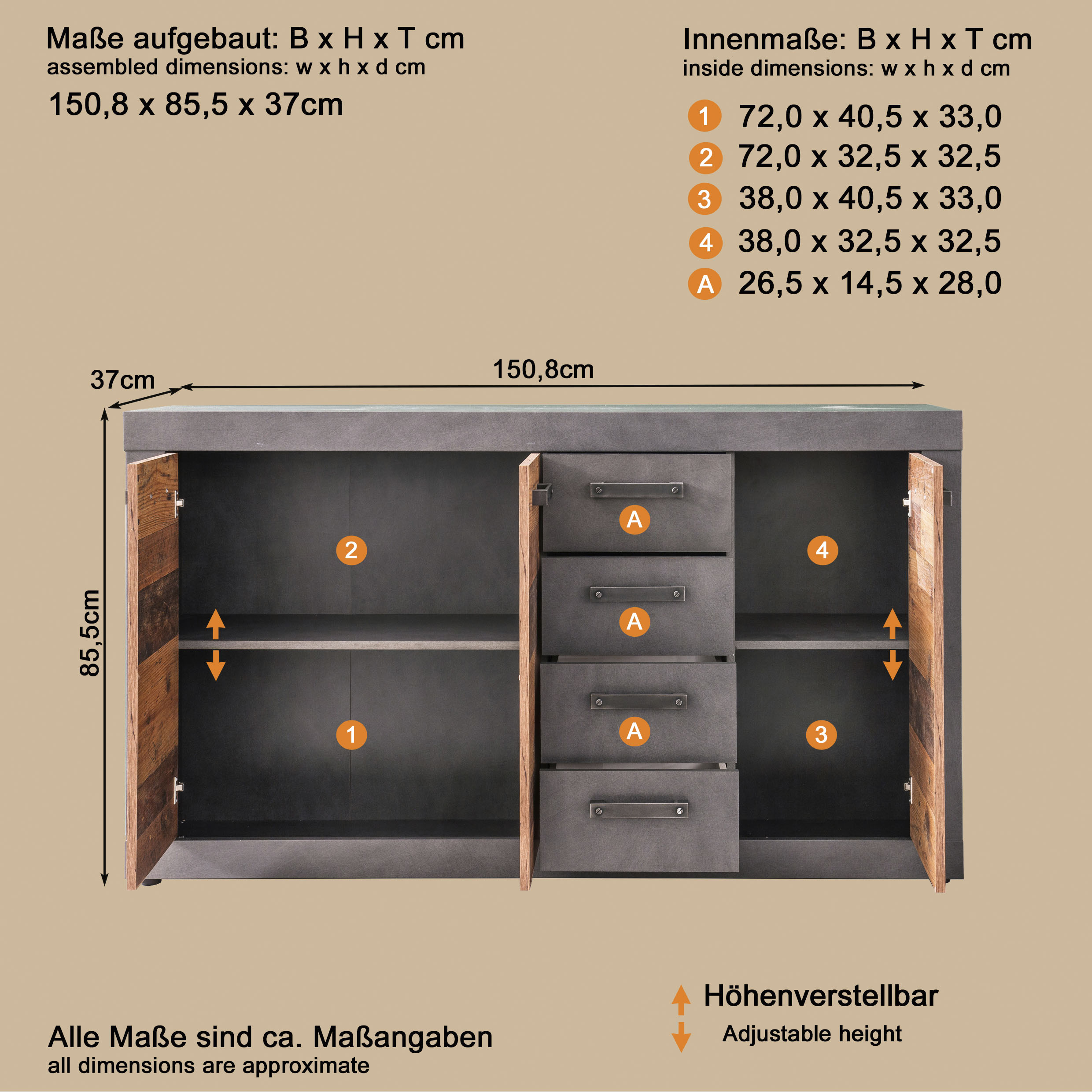 Thumbnail - INOSIGN Kommode "Ilana" Kommode mit 3 Türen & 4 Schubladen - (B/T/H) 151/37/86 cm