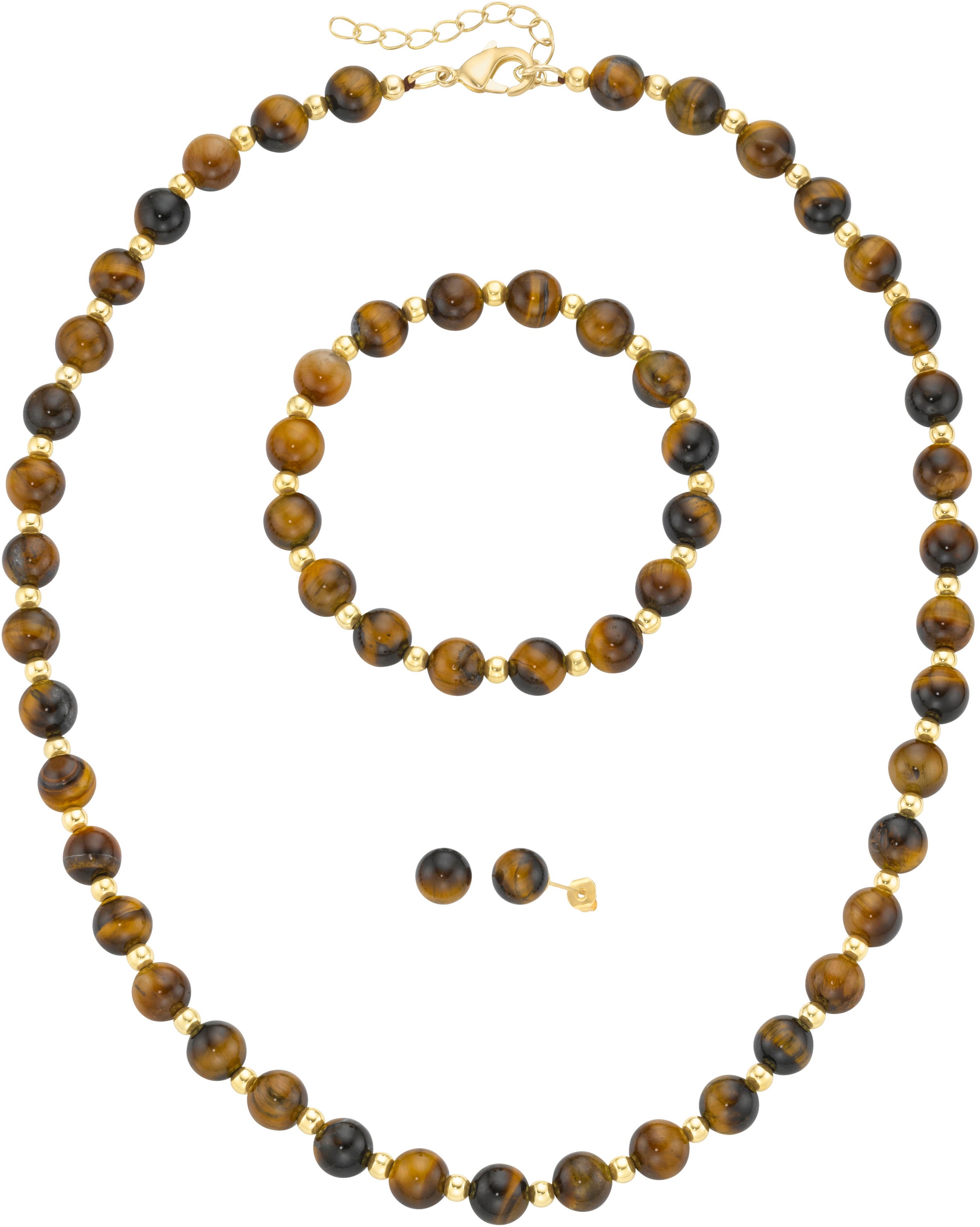 Schmuckset FIRETTI "Multipack Schmuck Geschenk Ohrstecker Armkette Halskette Kügelchen", braun (gelbgoldfarben, braun, braun), Schmuck_Sets, Damen, Elasthan, Messing, Polyester, Schmuckset, mit Tigerauge