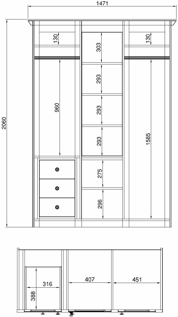 Home affaire Kleiderschrank »California Landhaus Wäscheschrank mit Spiegel, 147 oder 236cm breit«, INKLUSIVE komplette Innenausstattung, mit einzigartigen Griffen