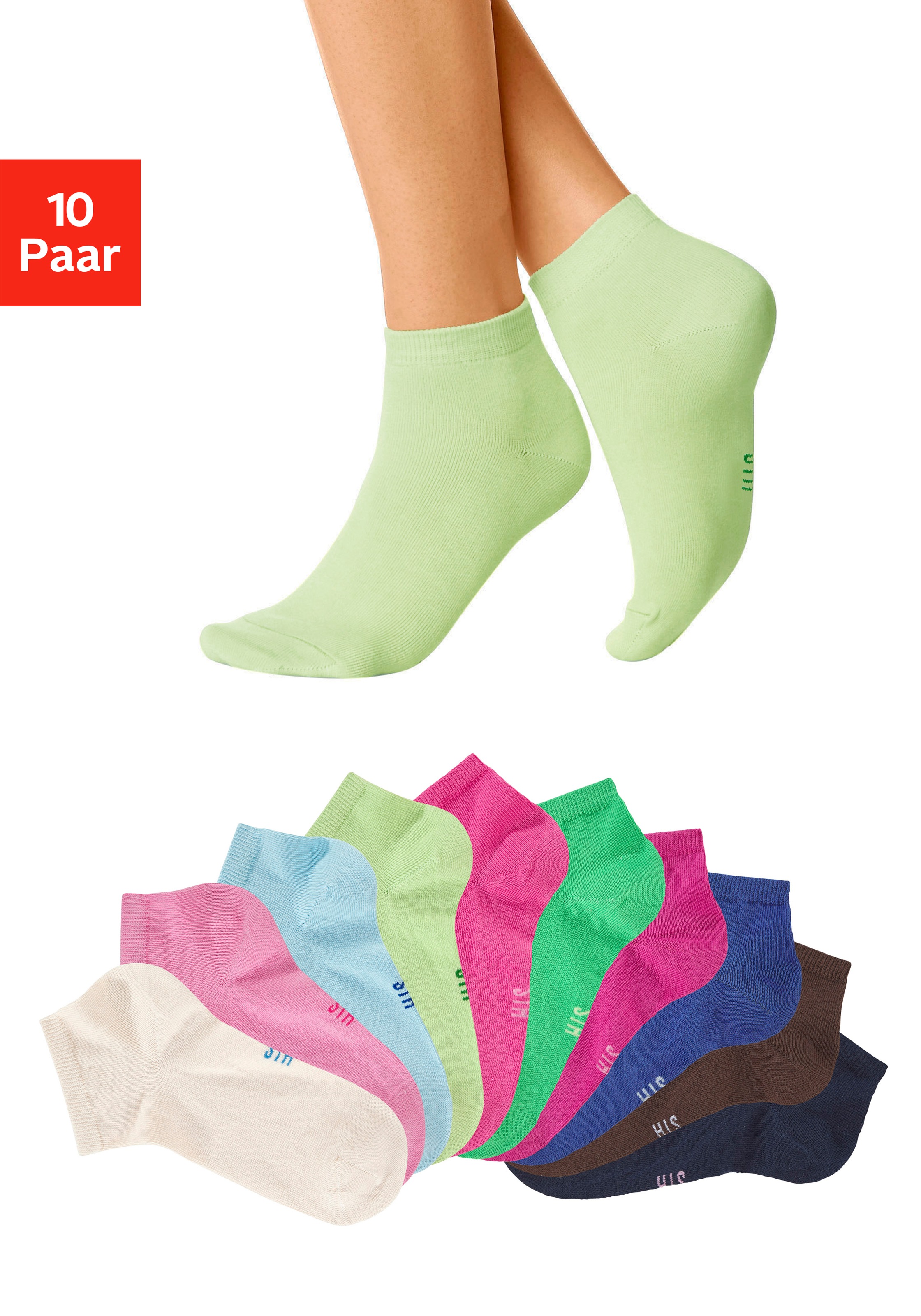 H.I.S Kurzsocken "Damen Sport Basic Socken, Laufsocken ohne Frottee" Packung, Großpackung, 10 Stk. tlg. mit verstärkter Ferse und Spitze