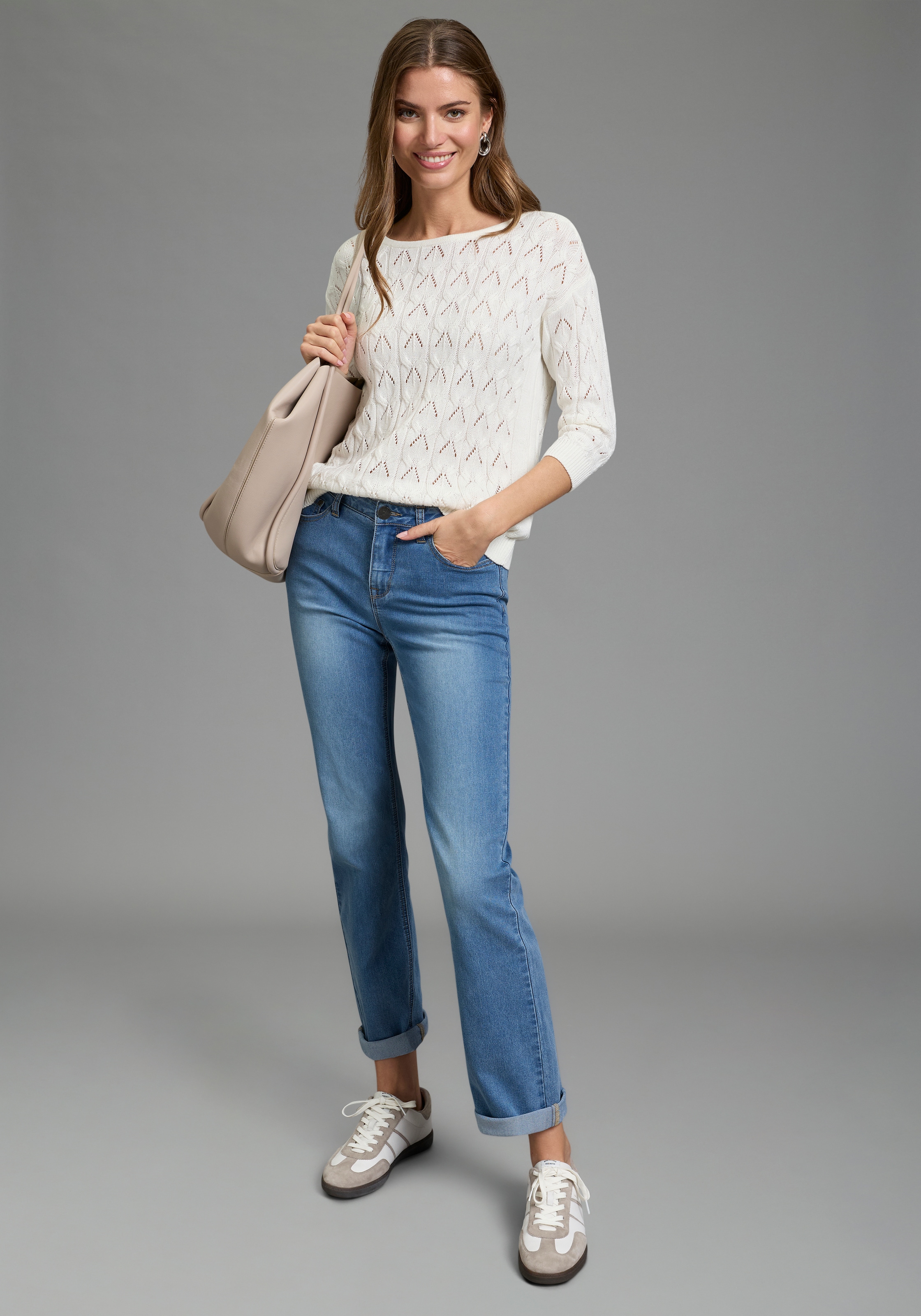 Laura Scott Ajourpullover mit femininen Lochmuster, 3/4 Ärmeln und U-Boot Ausschnitt