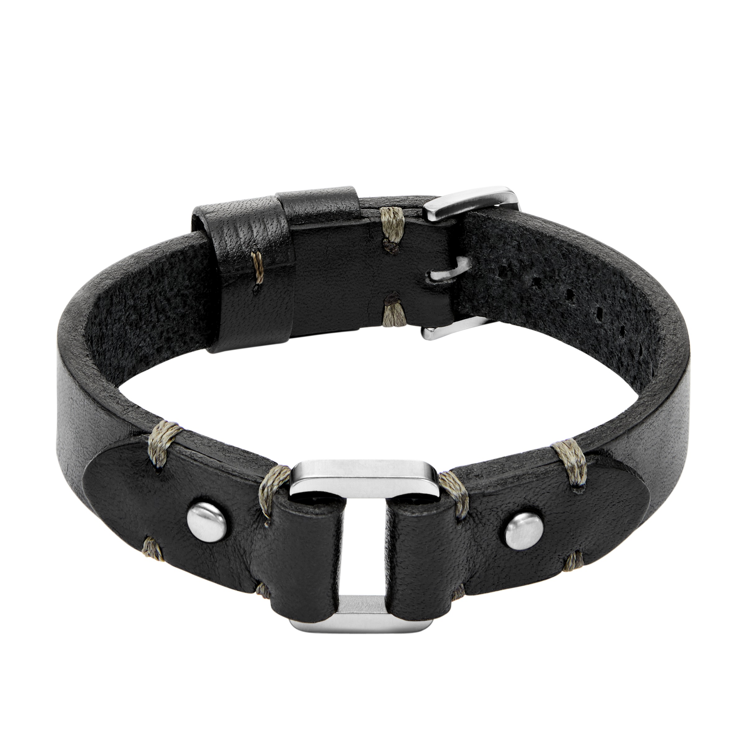 FOSSIL Damen Armband "Schmuck Geschenk Edelstahl Leder Armschmuck MACHINE", 25cm, Edelstahl Leder, schwarz, Edelstahl, Leder, Armbänder