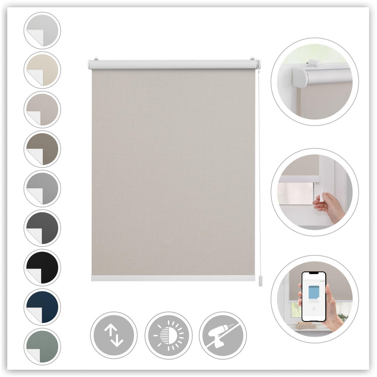LICHTBLICK ORIGINAL Rollo »Klemmfix, ohne Bohren«, verdunkelnd, Blendschutz-Sichtschutz-Verdunkelung, mit Bohren/ohne Bohren, freihängend, Steuerbar mit Bluetooth-App, integrierter Elektromotor und Akku