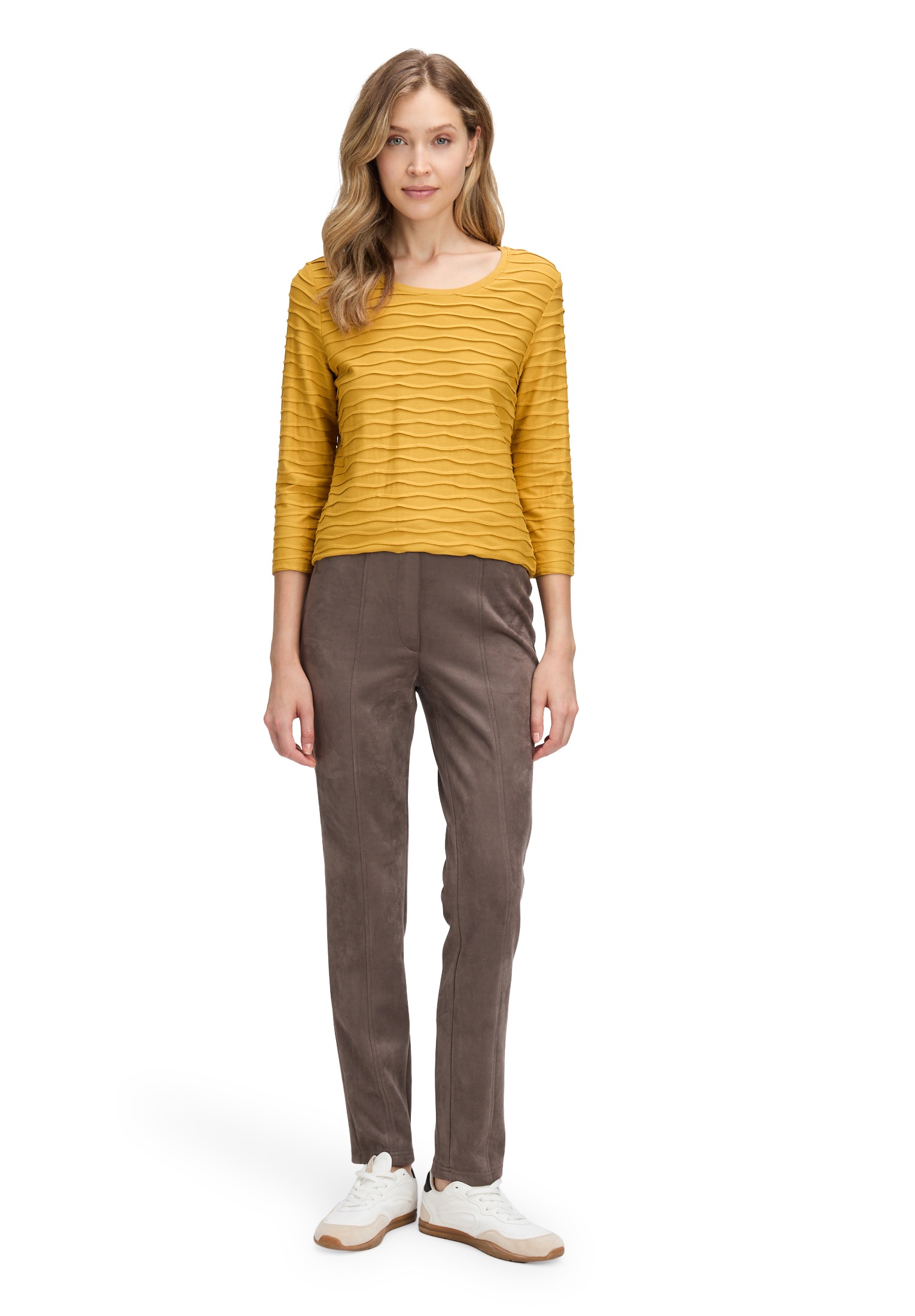 3/4-Arm-Shirt BETTY BARCLAY "Damen mit Wellenstruktur", Damen, Gr. 36, gold, Jersey, Obermaterial: 97% Viskose, 3% Elasthan, Basic, tailliert normal, Rundhals, Shirts 3/4-Arm-Shirt 3
