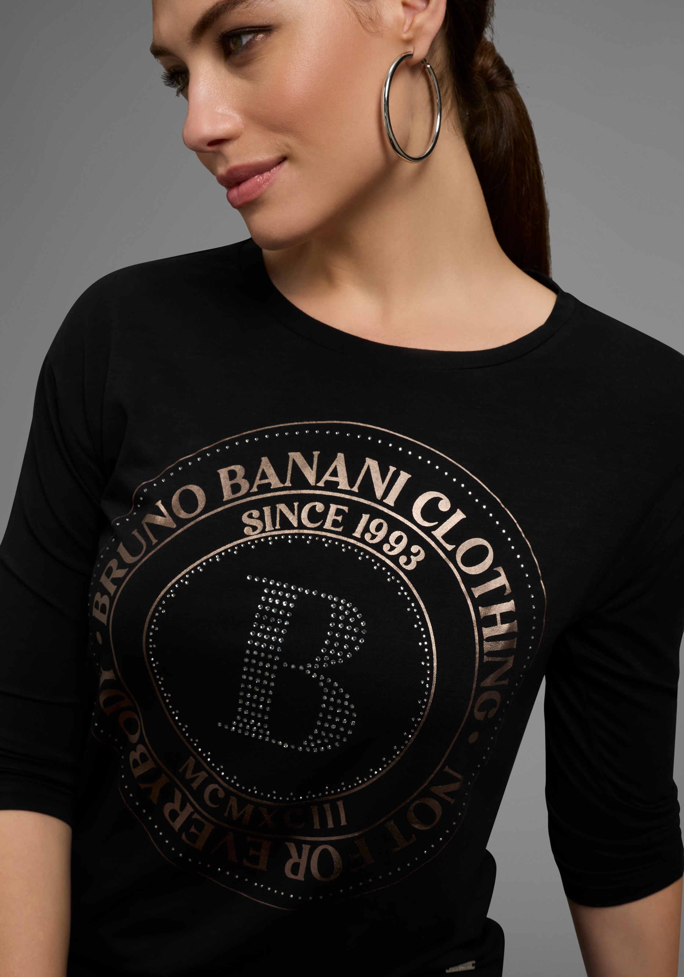 Bruno Banani 3/4-Arm-Shirt mit Foil-Print und Glitzersteinen günstig online kaufen