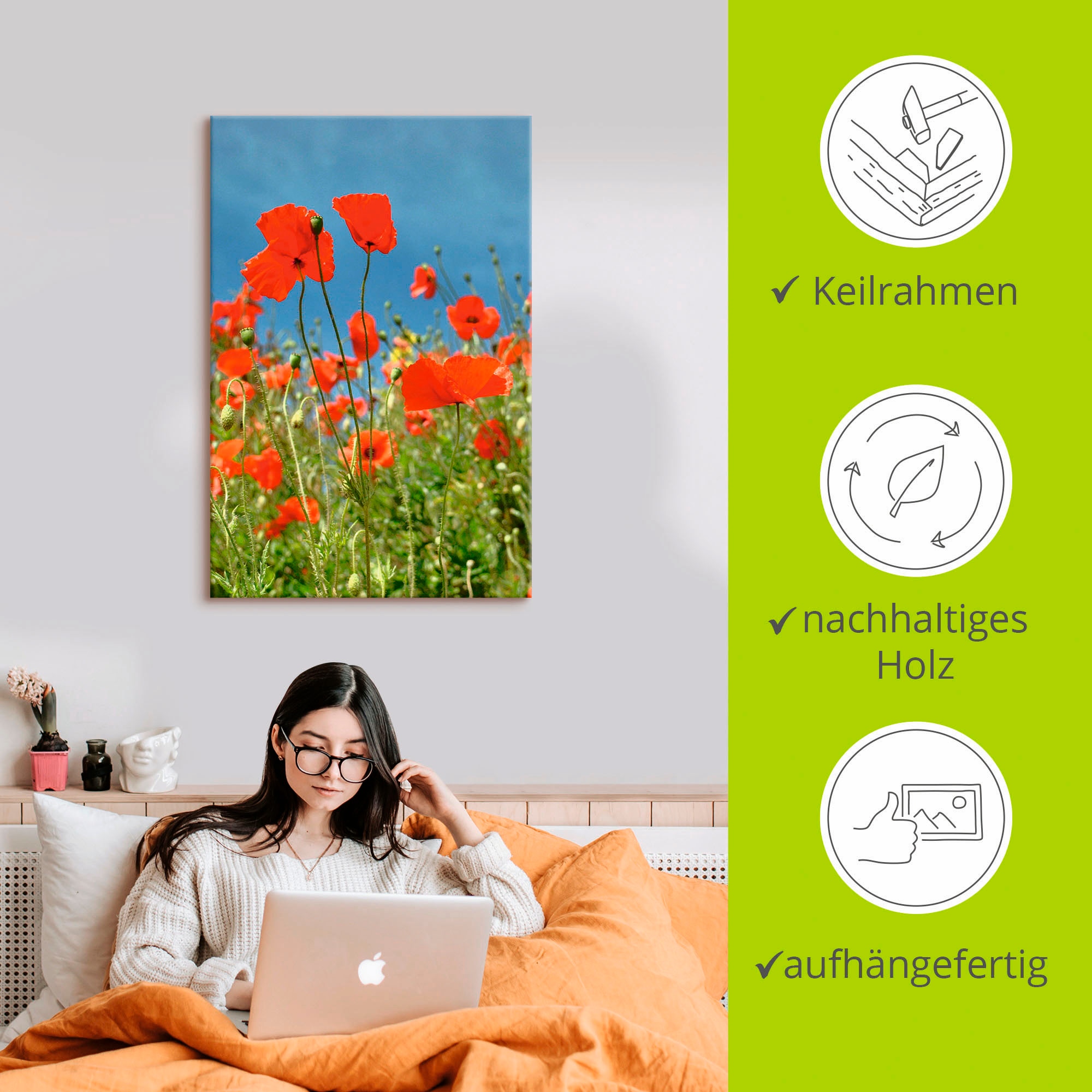 Artland Leinwandbild »Feld mit rotem Klatschmohn«, Blumen, (1 St.), auf Keilrahmen gespannt