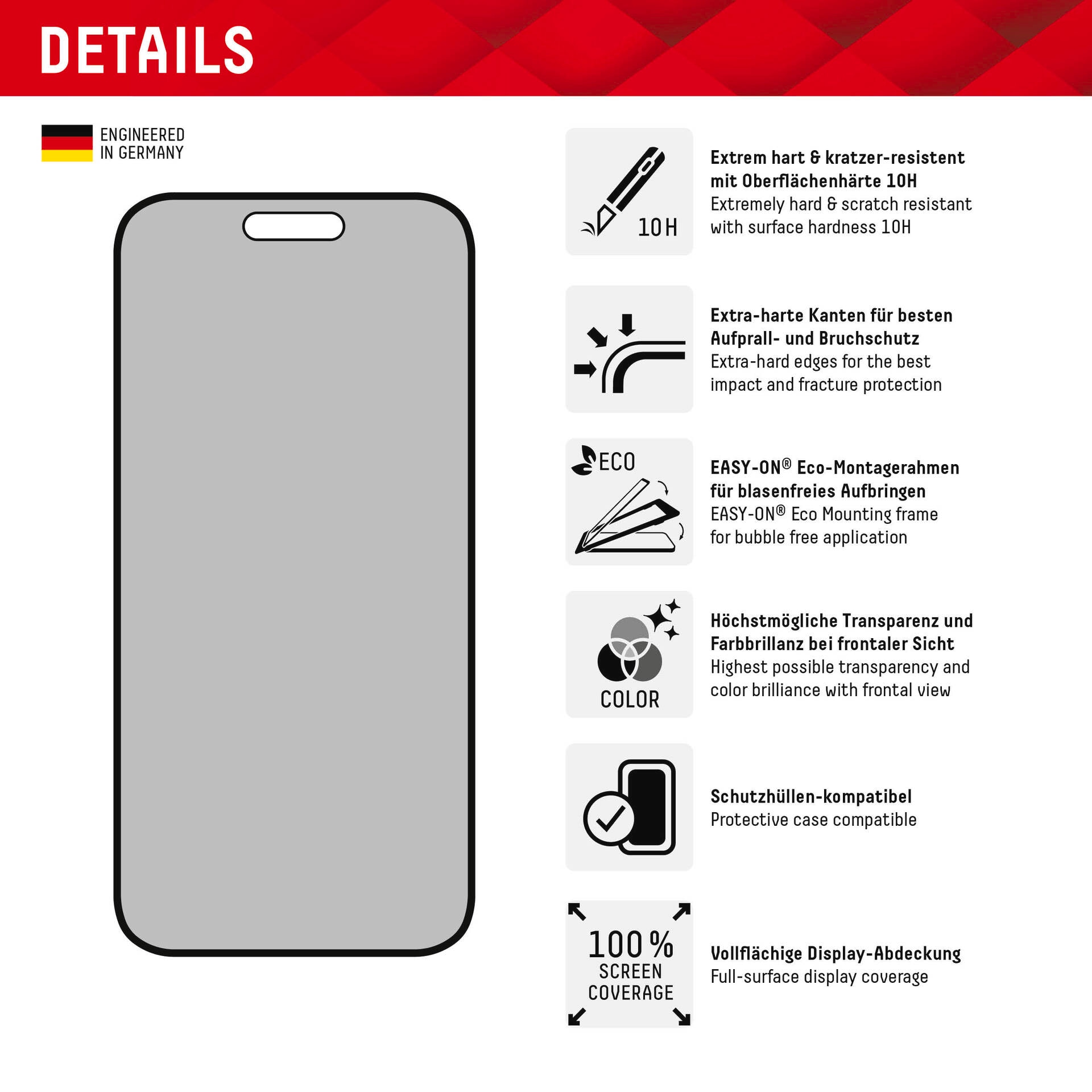 Displex Displayschutzglas »Privacy Glass«, für Apple iPhone 15 Plus-Apple iPhone 15 Pro Max, Blickschutz Displayschutzfolie Displayschutz kratzer-resistent 10H