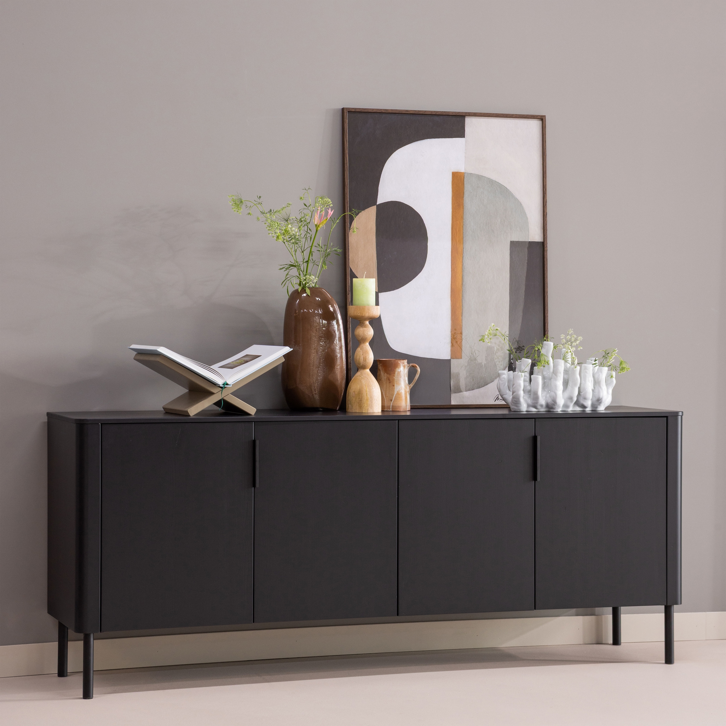 WOOOD Sideboard "Gunnar mit FSC-Mix Massivkiefer subtile Griffmulden 201 x 44 x 85 cm" Tragkraft 20 kg pro Einlegeboden, einfach zu montieren, mit Schutzlack