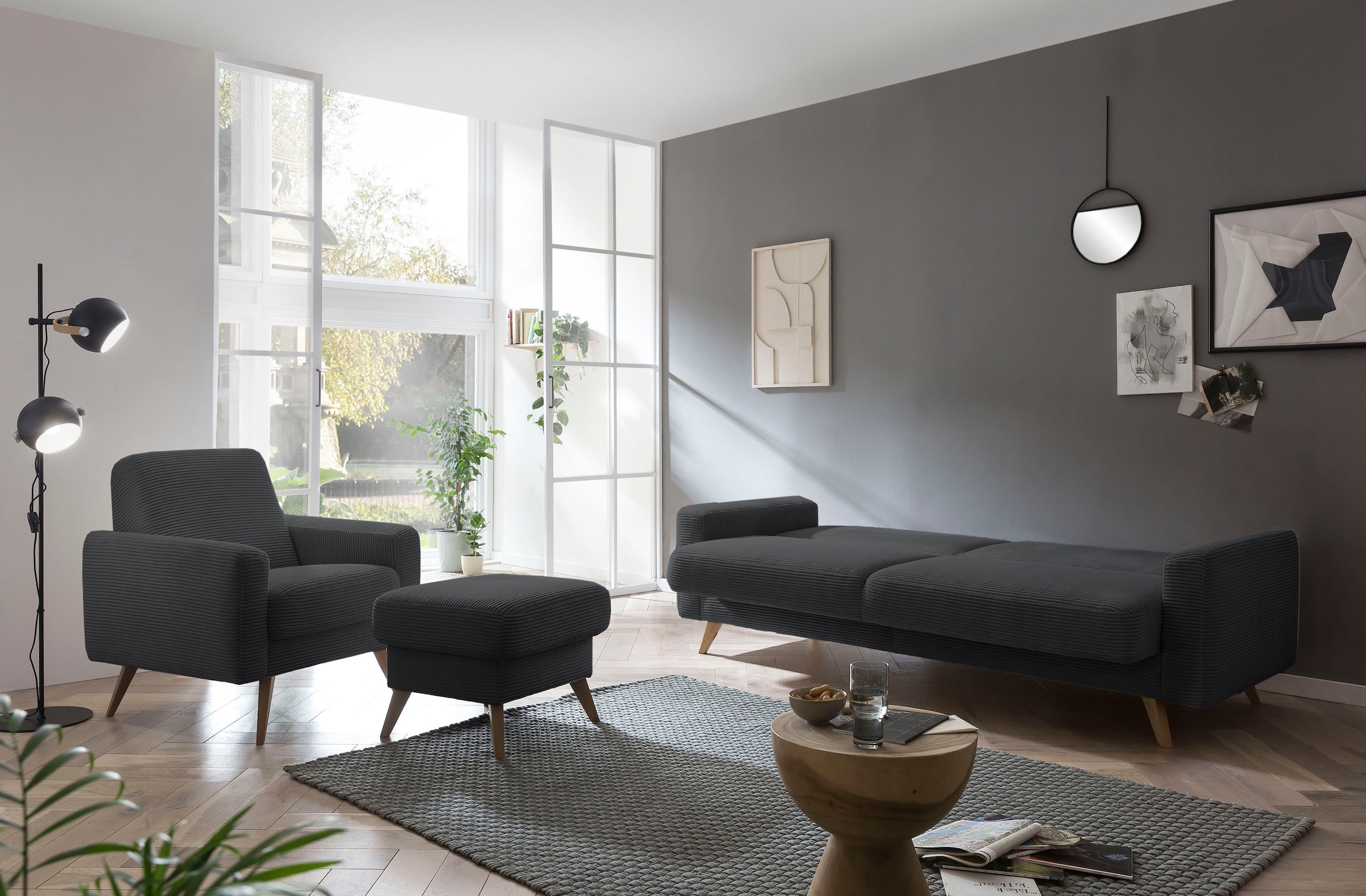 exxpo - sofa fashion 3-Sitzer »Samso, elegant und bequem, aktueller Cord Bezug, Kippcouch«, hochwertige Verarbeitung, Schlafsofa inkl. Bettfunktion und Bettkasten