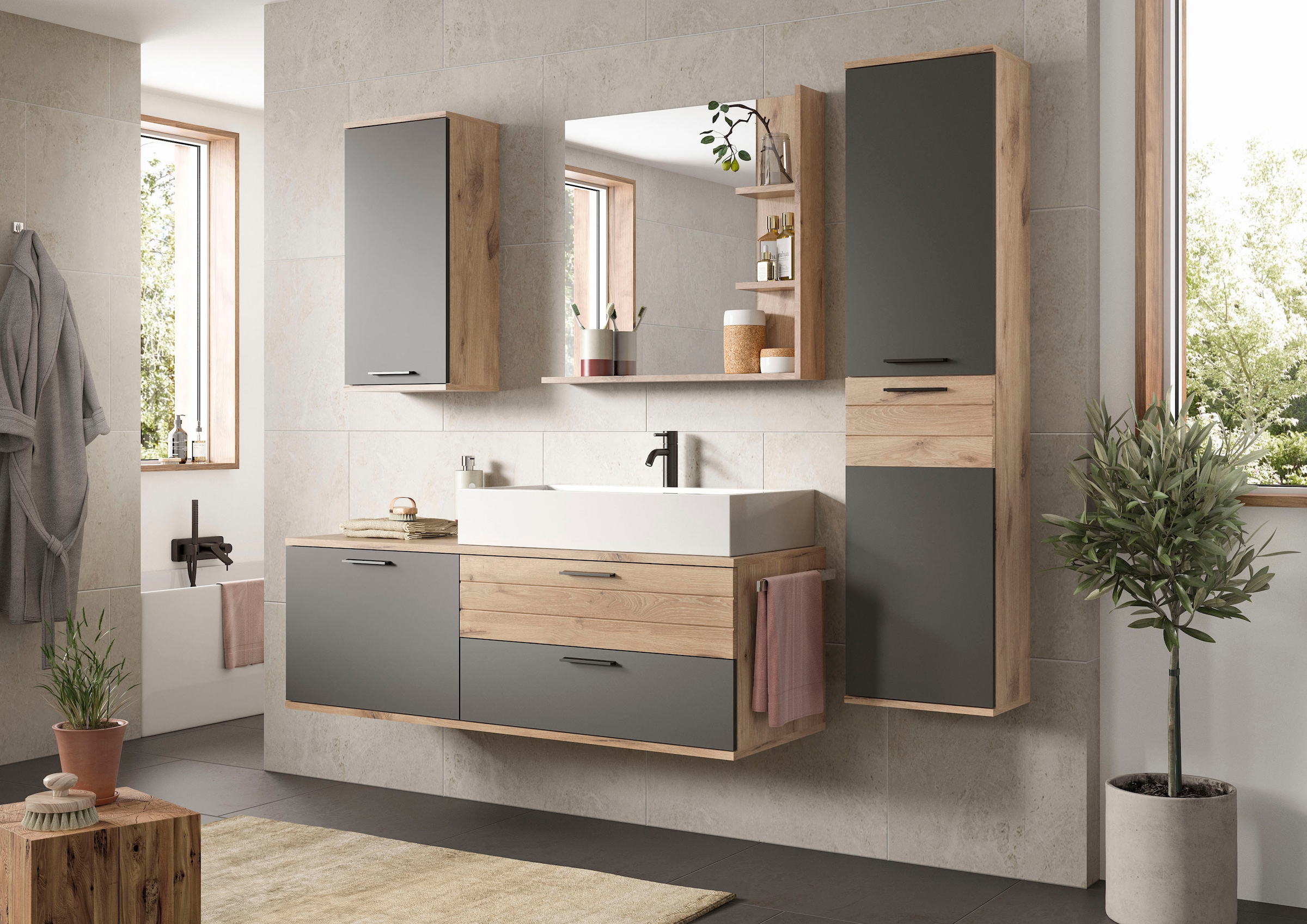 INOSIGN Waschtisch-Set »Riga, Breite 140 cm, inkl. Aufsatzwaschbecken, 2 Schubkästen, 1 Tür«, (Set, 1 St.), Hängeschrank, Unterschrank, Badmöbel, Badschrank, Schrank, Bad
