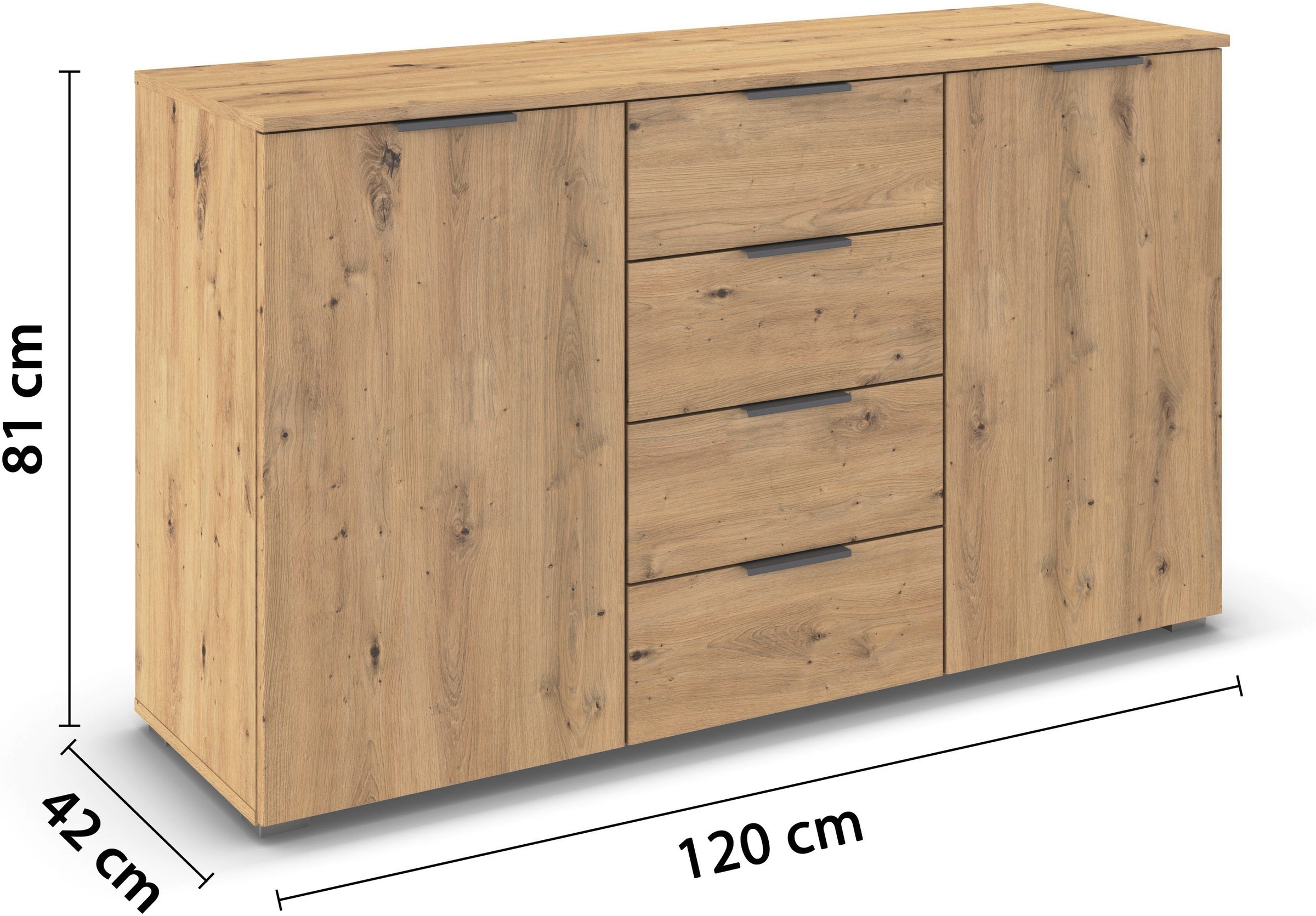 OTTO home Kombikommode »Sideboard Schubladenkommode AGORDO mit Dekor- oder Hochglanzfront« in zwei Griff-Farben, Breite 120 cm,  vier große Schubladen, mit insgesamt 4 Einlegeböden MADE IN GERMANY
