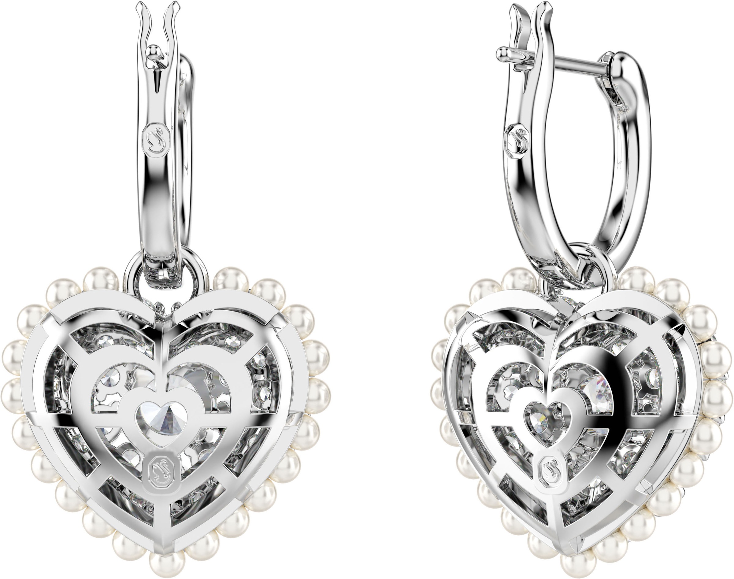 Paar Creolen SWAROVSKI "Idyllia E Heart Drop Herz", silber (metallfarben, kristallweiß, weiß, kristallweiß), Ohrringe, Damen, Metall Perlen, Metall, Perlen, mit Swarovski Kristall - mit Swarovski Perle - Einhänger abnehmbar 8