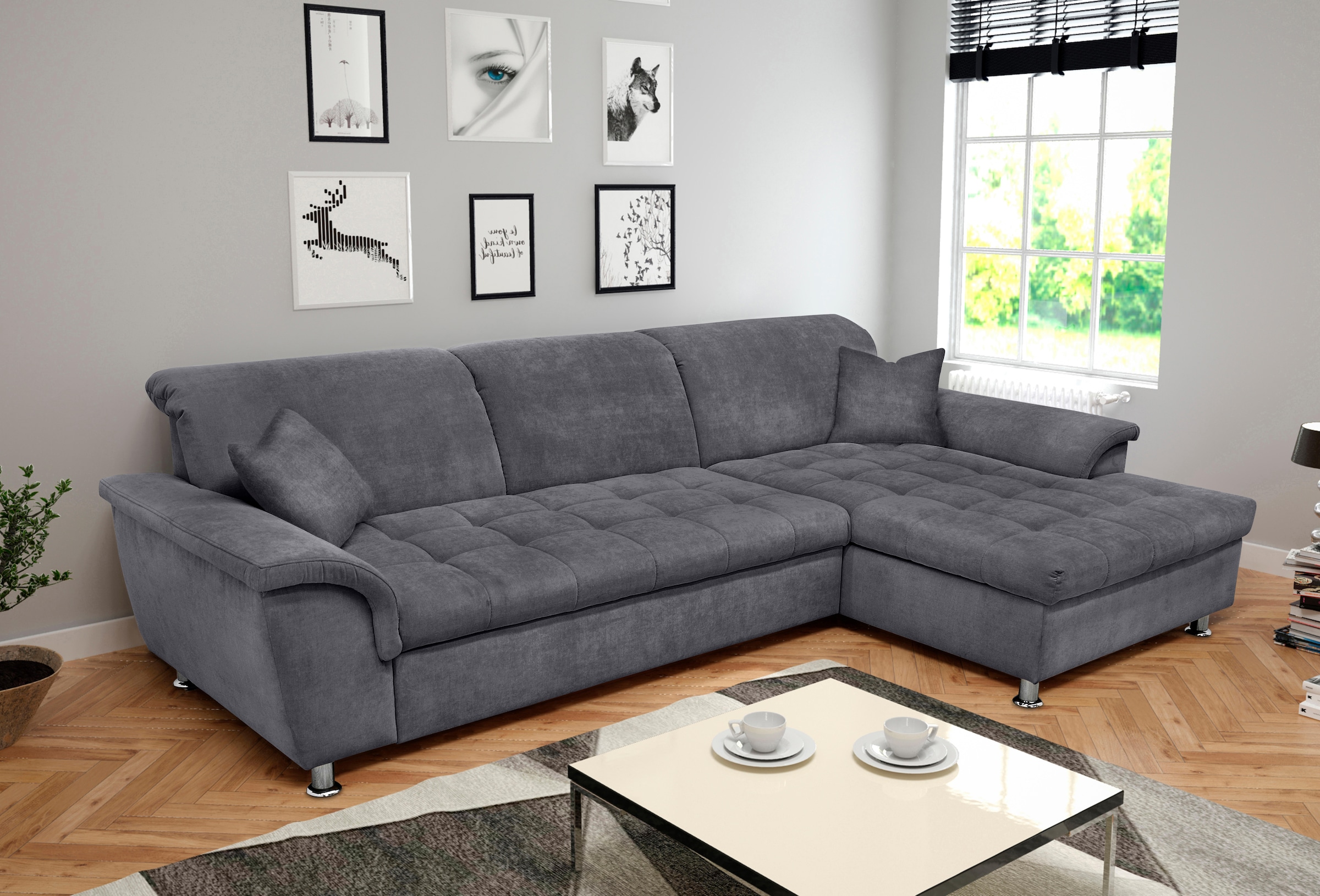 DOMO collection Ecksofa "FRANZI 278x170x81 cm, Steppung im Sitzbereich, L-Form" mit Kopfteilverstellung, Chenille, dunkelgrau