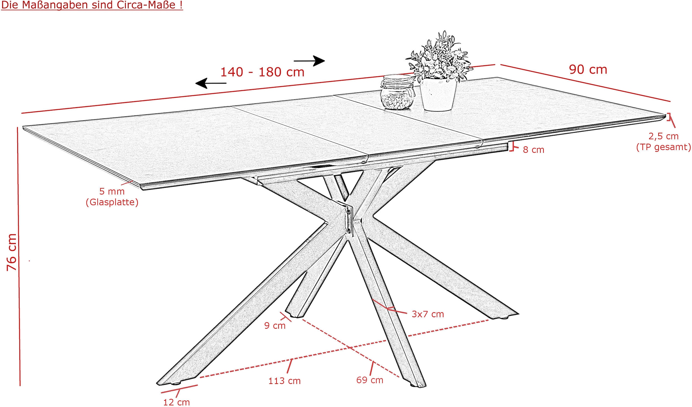 HELA Essgruppe »MAIN«, (7 tlg.), Tisch 140-180 cm, Synchronauszug, Stuhl XL Sitzbreite und Federkorb