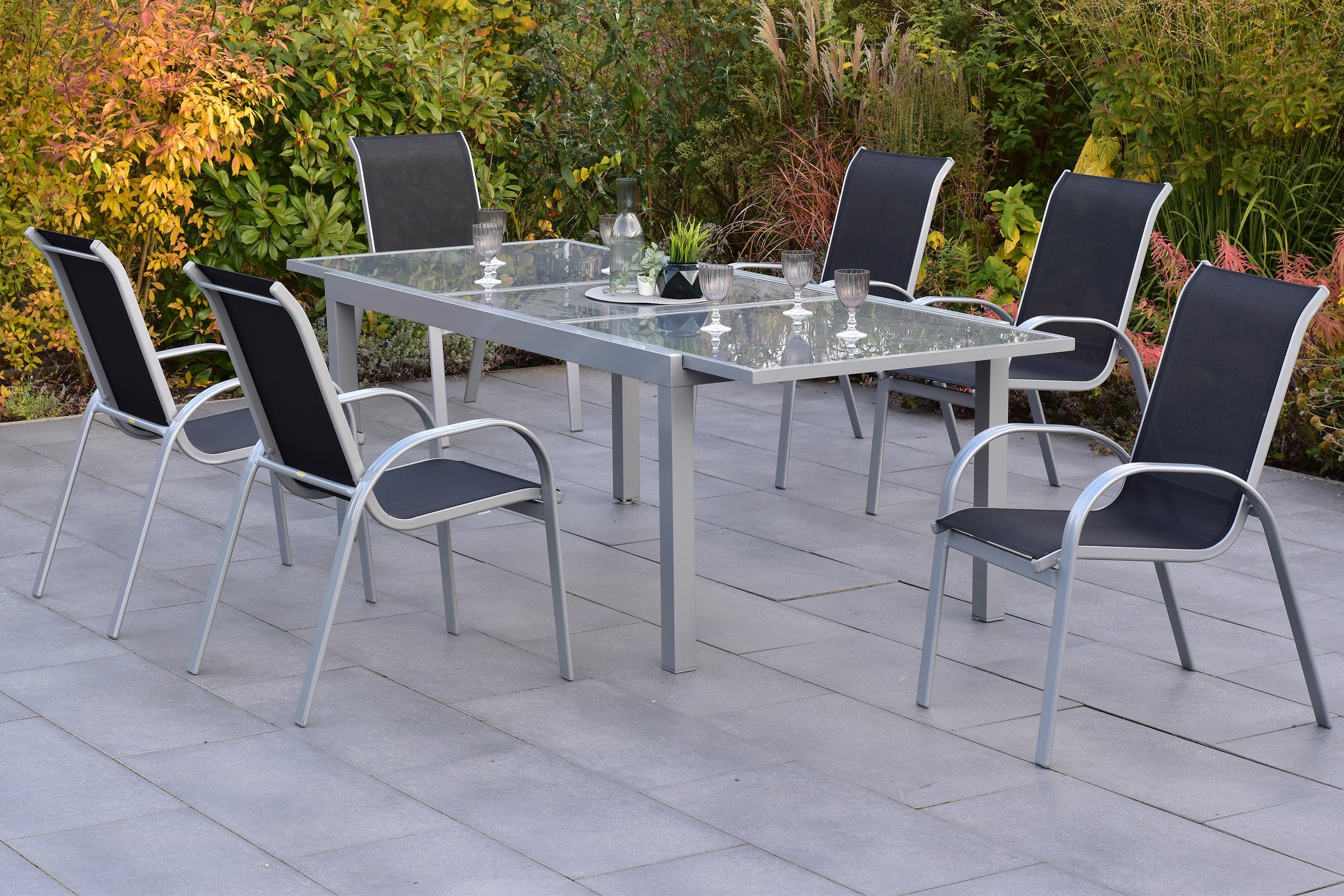 MERXX Garten-Essgruppe »Amalfi« Set, 7 tlg. inkl. 6 Stapelsessel, 1 Ausziehtisch