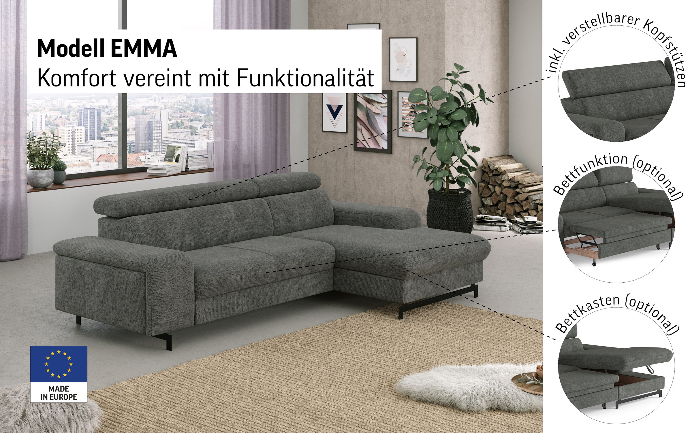 Thumbnail - COTTA Ecksofa "Emma L-Form" mit Kopfteilverstellung, wahlweise mit Bettfunktion & Bettkasten