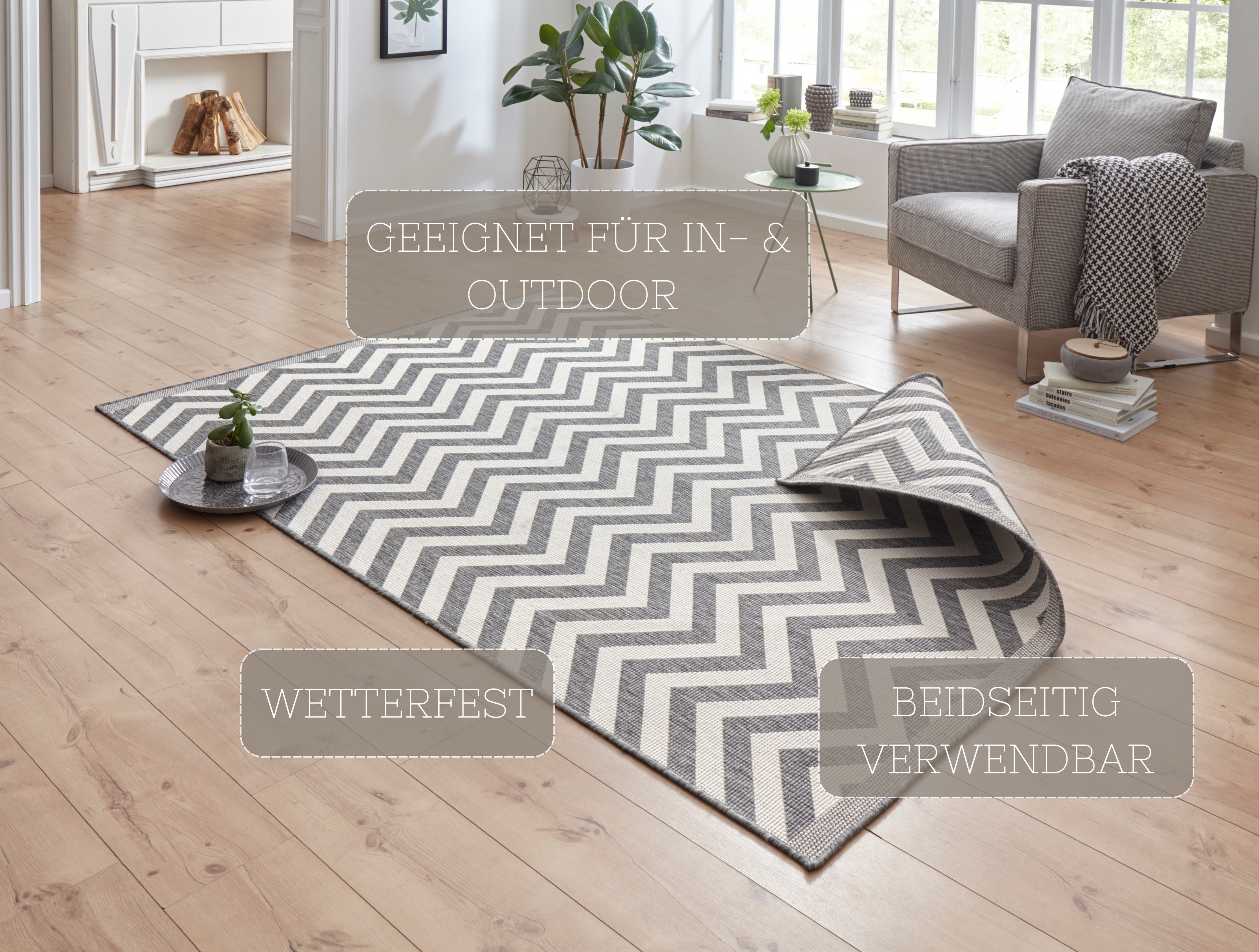 Thumbnail - NORTHRUGS Teppich "Palma Wendeteppich", rechteckig, 5 mm Höhe, In-& Outdoor, Wetterfest, Balkon, Läufer, Wohnzimmer, Was...
