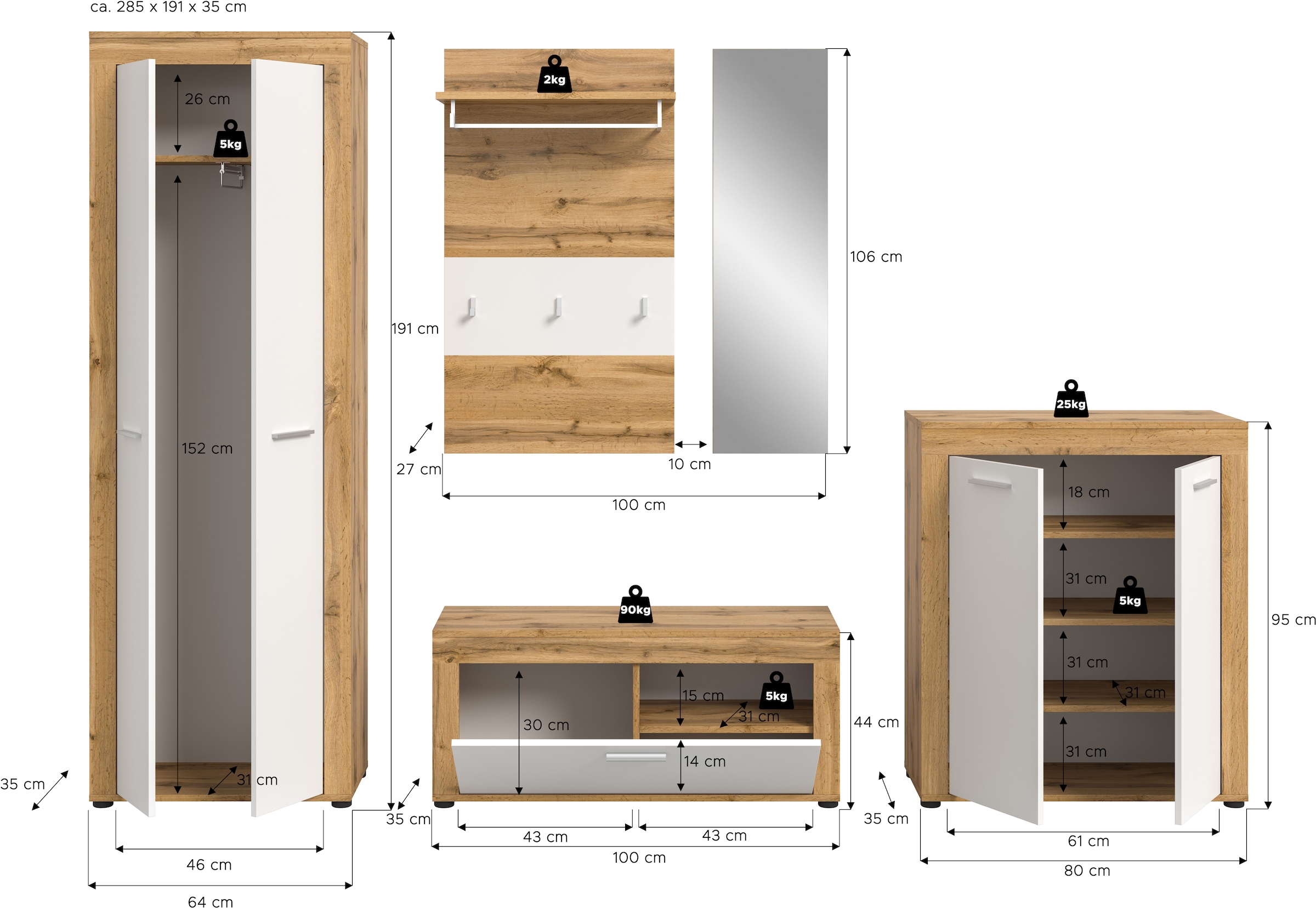 INOSIGN Garderoben-Set »Aosta«, (Set, 5 St.), Aosta, Höhe 191 cm, 5-tlg. Garderobenset, Flur, Diele
