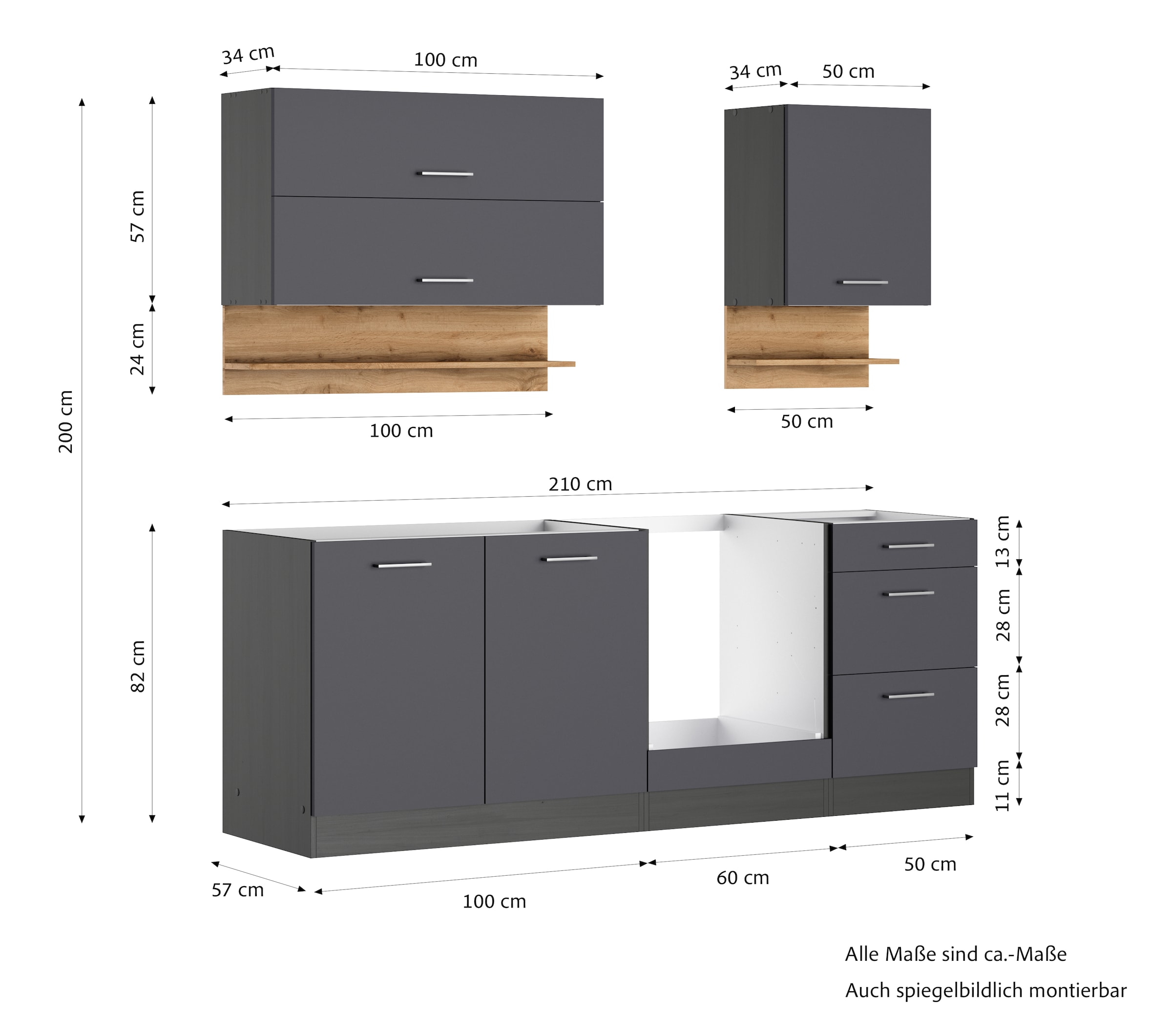 KOCHSTATION Küchenzeile »KS-Milan«, 210 cm breit, robuste Metallauszüge, viel Stauraum