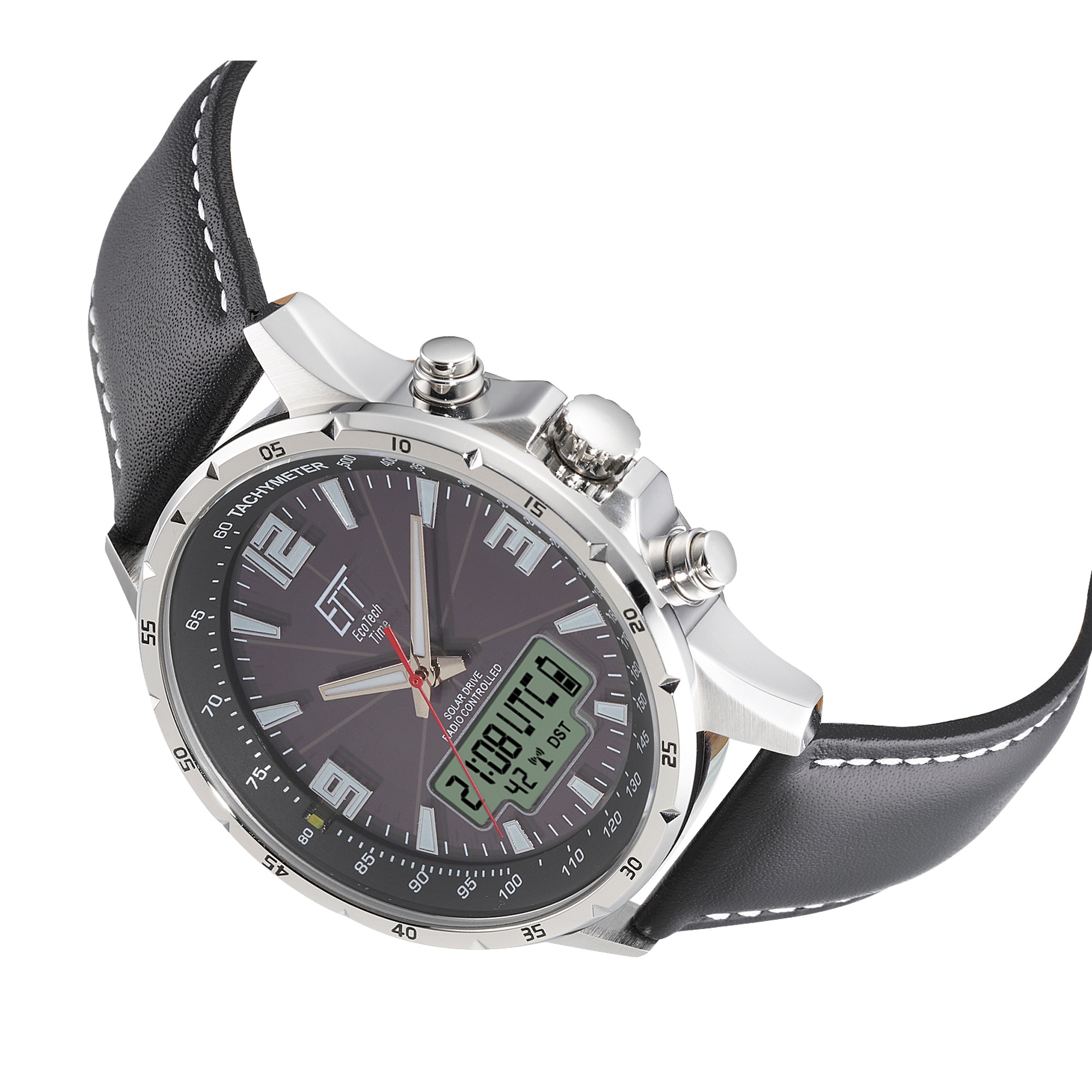 ETT Funk-Multifunktionsuhr »Professional WorldTimer« Armbanduhr, Solar, Herrenuhr, Lederarmband, analog, digital, Tag