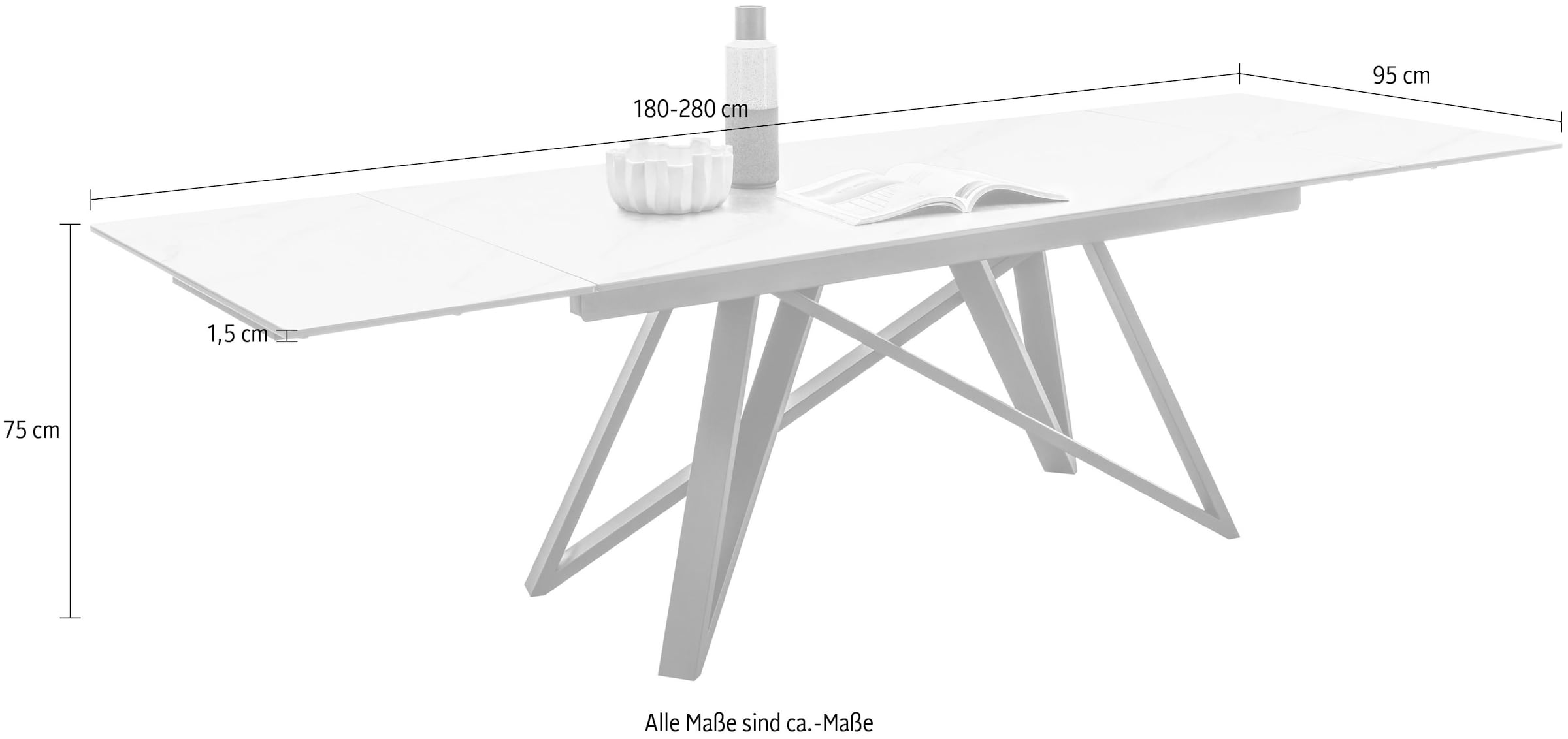 Stolkom Esstisch »Charly Esszimmertisch Keramik, ausziehbar 280 cm, BxHxT 180x75x95 cm«, Keramikoberfläche,Tischplatte beidseitig ausziehbar 180 auf 280 cm