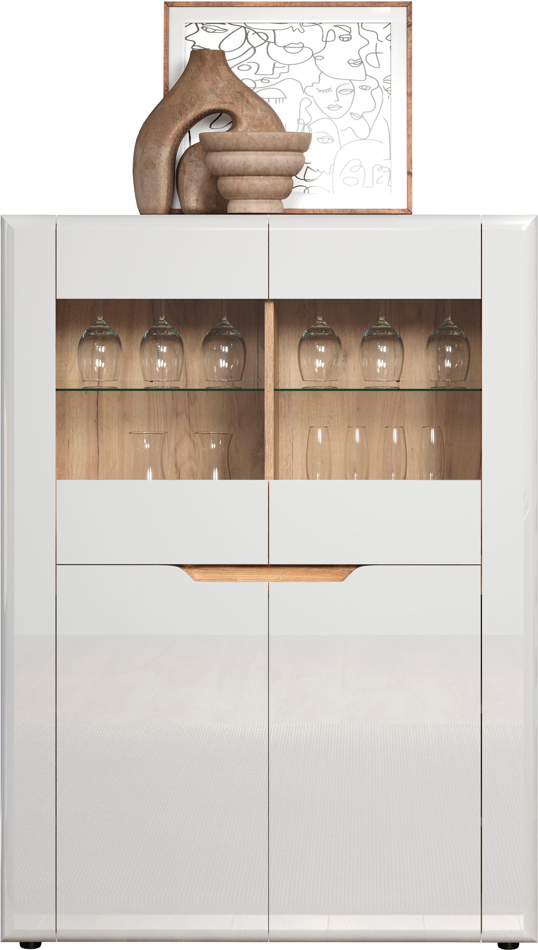 INOSIGN Vitrine »Graz Highboard mit Glastüren«, (Packung, 1 St.), Grifflos, Breite 96 cm, Höhe 132 cm