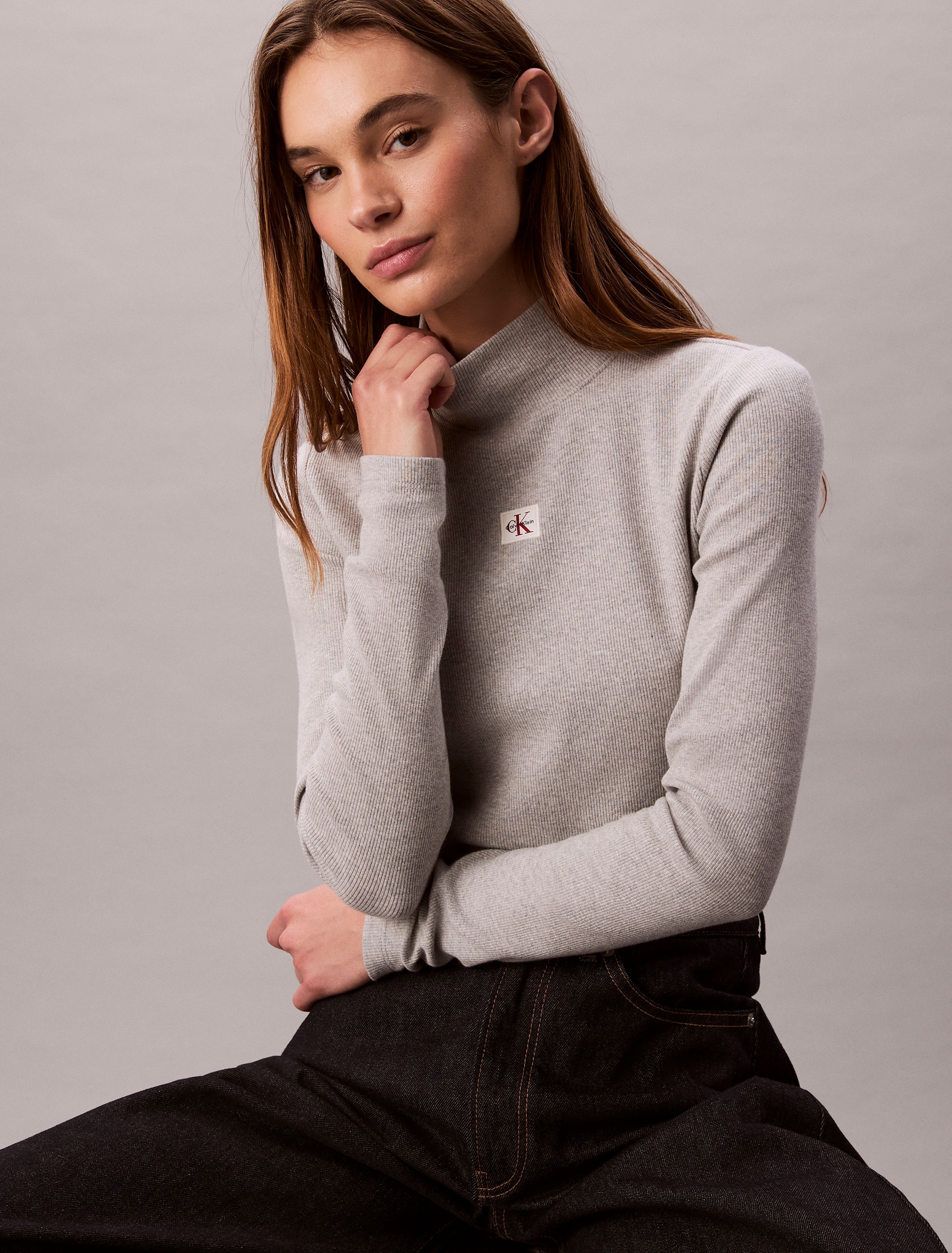 Calvin Klein Jeans Shirttop »LS WOVEN LABEL TURTLENECK«, Mit Rundhalsausschnitt, regular fit