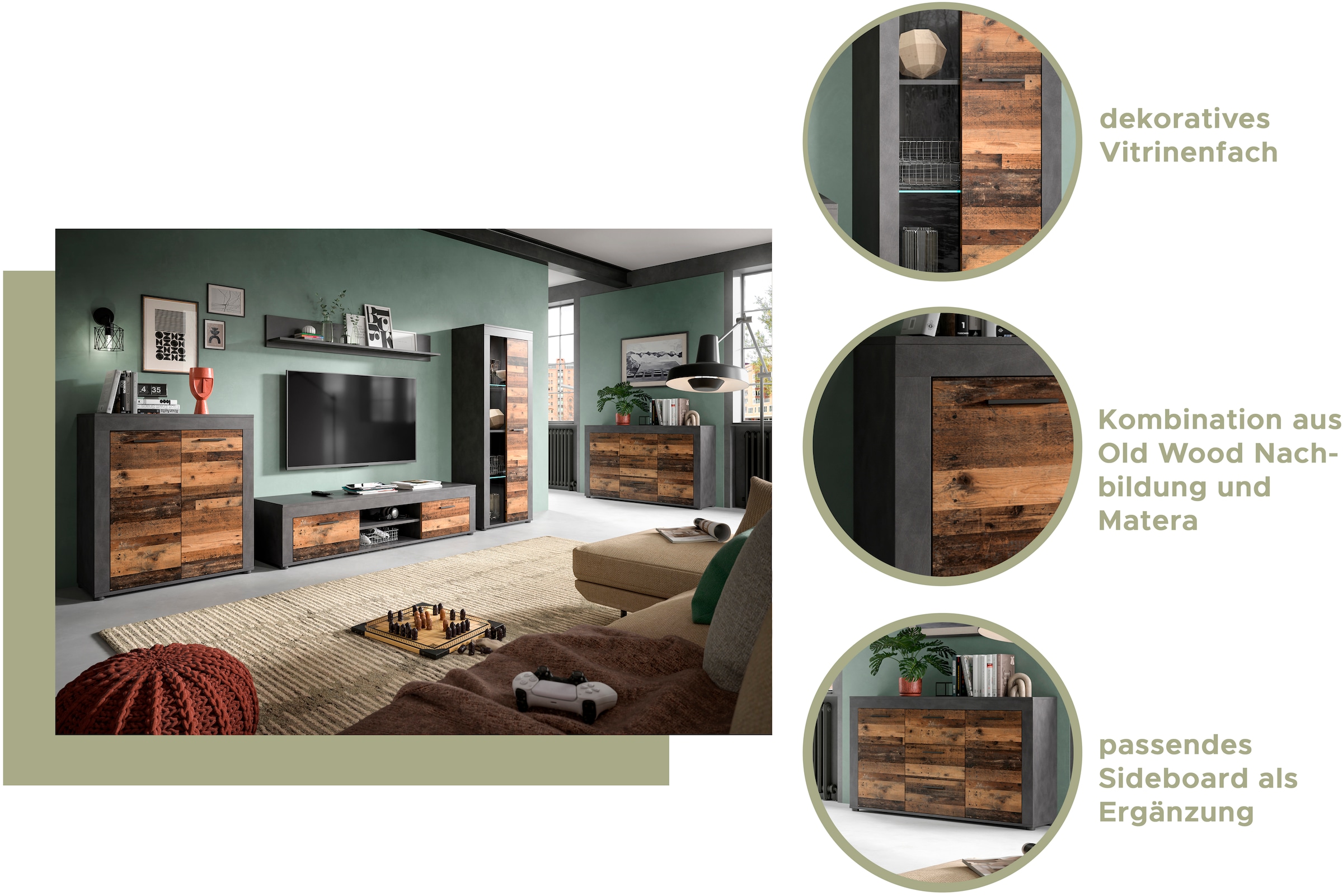 INOSIGN Wohnwand »Aosta, Breite 310cm, best. aus: 2x Vitrine, Lowboard, Wandboard«, Wohnwand, Kombination, Anbauwand, Möbel Set, Schrankwand, Möbel Kombi