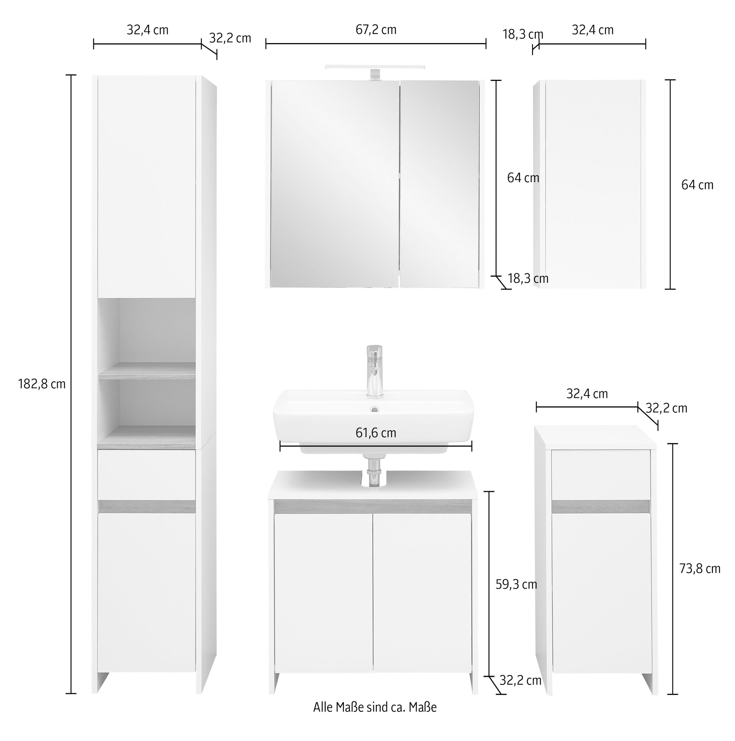 Saphir Badmöbel-Set »Quickset 100, Waschbeckenunterschrank mit Spiegelschrank«, (5 St.), Badezimmer-Set mit Unterschrank, Hängeschrank und Hochschrank in Weiß