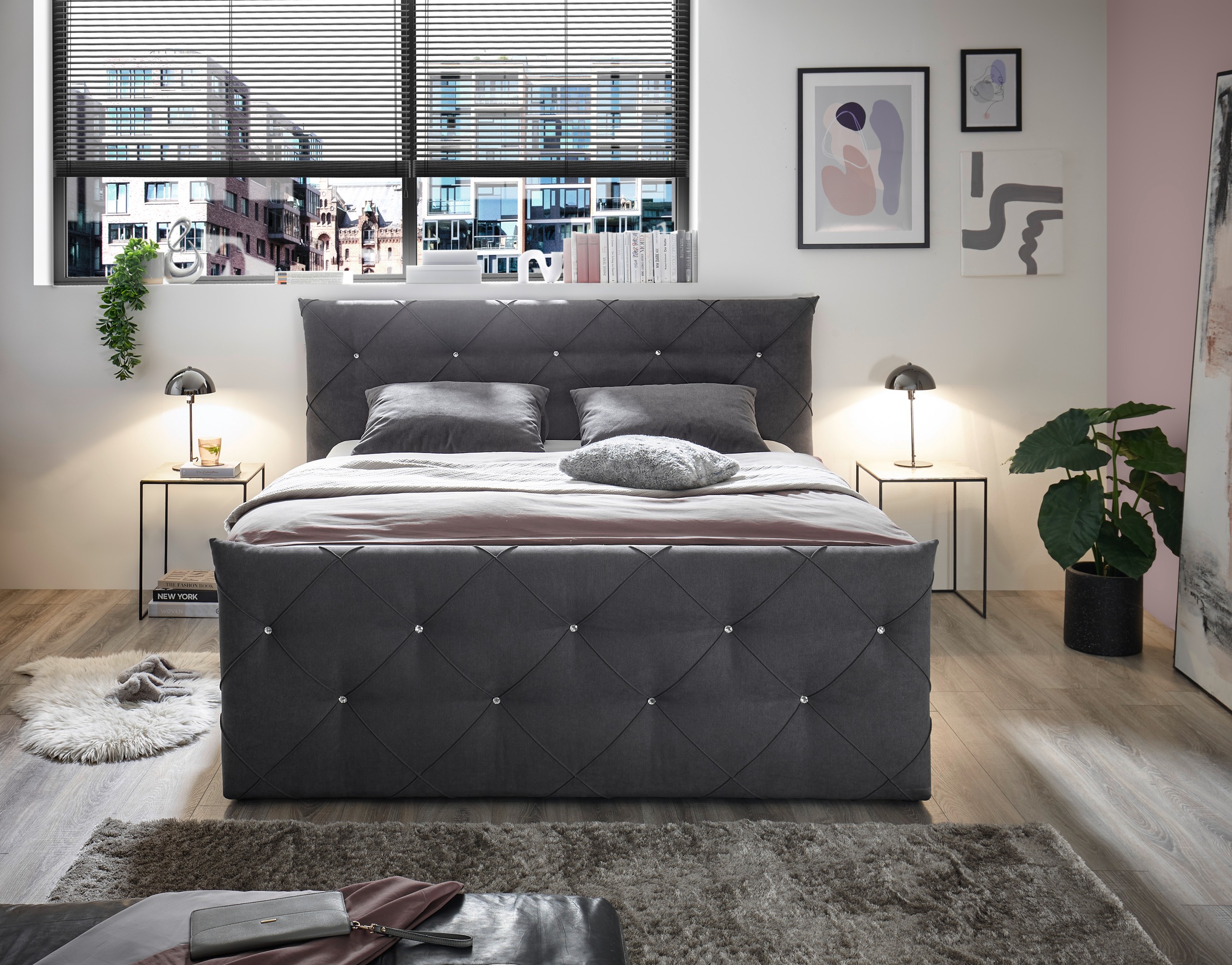 ED EXCITING DESIGN Boxspringbett »Villano«, mit Strasssteinen, Breite: 180cm, mit Bettkasten, inkl. Topper