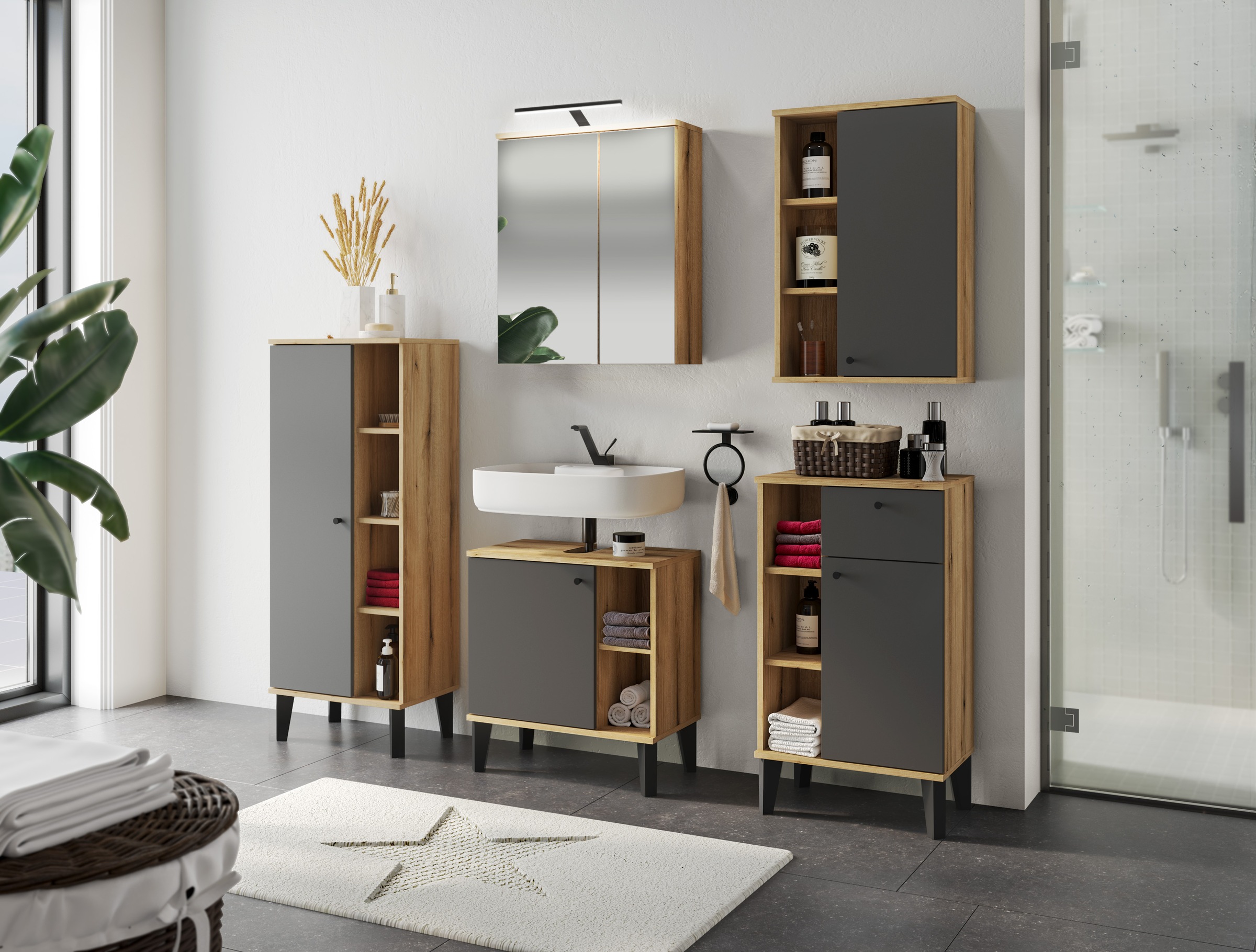 INOSIGN Badmöbel-Set »OSLO, Bad im skandinavischen Design, 5-teiliges Badezimmer«, (Set, 5 St.), Badschränke und Spiegel, in zwei Farben verfügbar, viel Stauraum