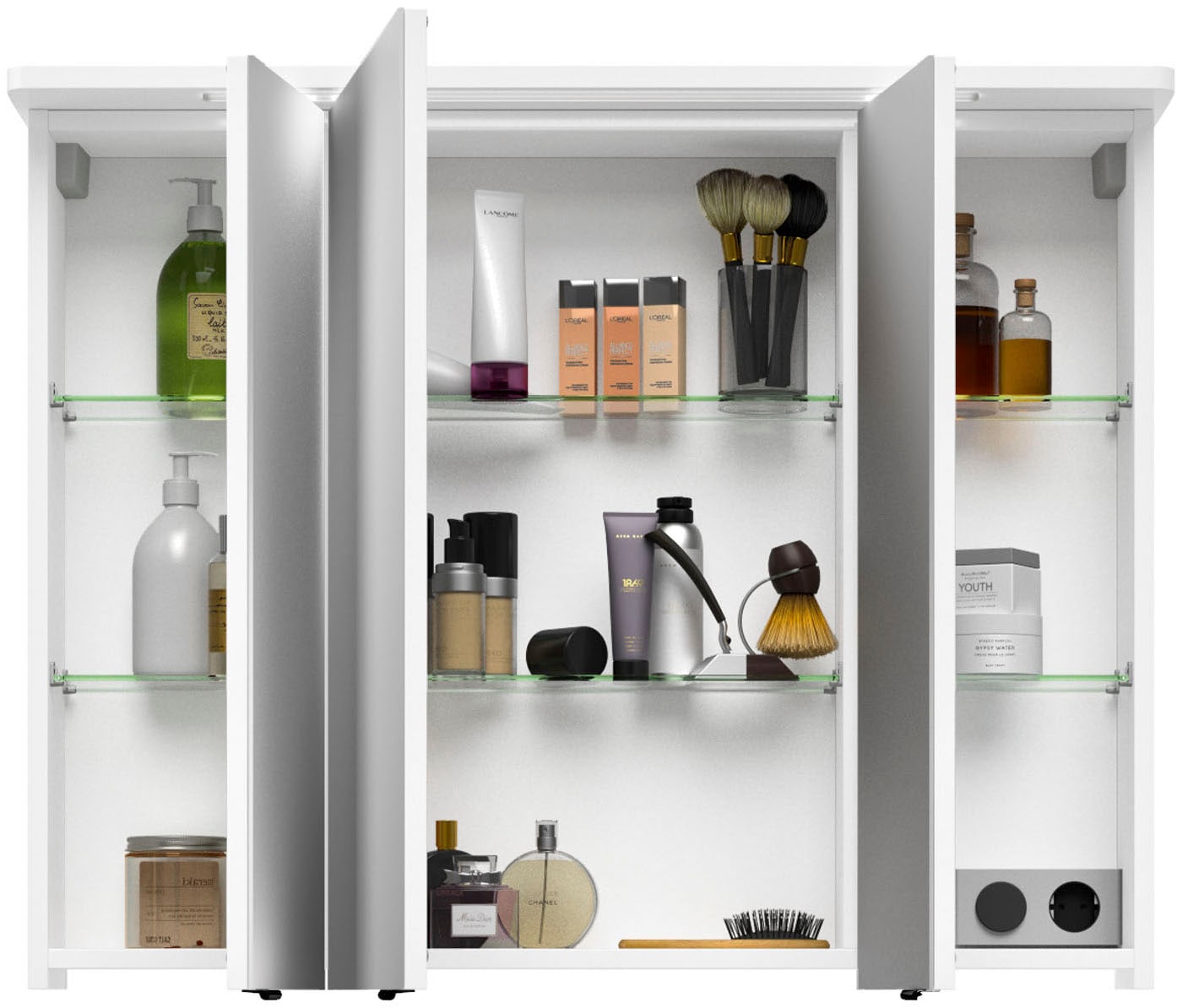 Saphir Spiegelschrank »Serie 4005 Badezimmer-Spiegelschrank inkl. LED-Kranzbeleuchtung«, Badschrank 90 cm breit, 3 Türen, 6 Glas-Einlegeböden, inkl. Türdämpfer