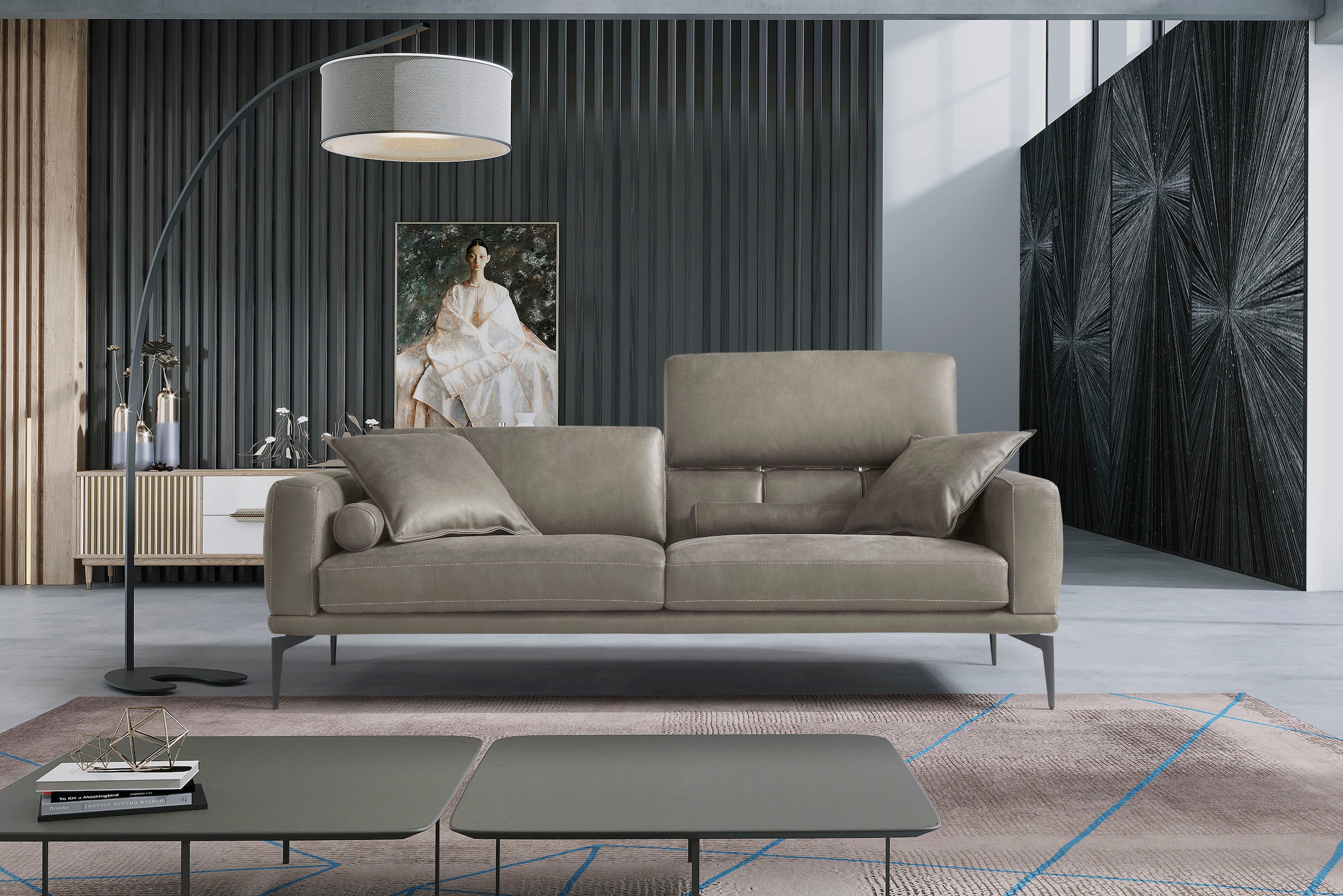 Egoitaliano 2,5-Sitzer "Masu, Designsofa mit erstklassigem Sitzkomfort, Breite 218cm" inkl. 2 Kissenrollen, Rückenelemente manuell verstellbar, Metallfüße