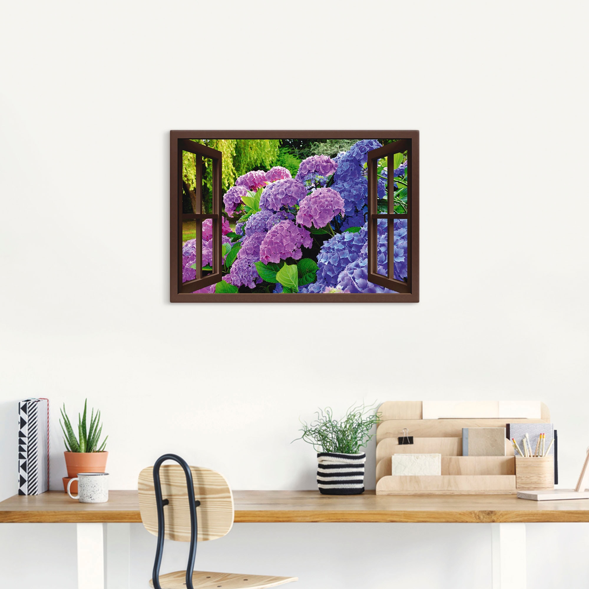 Artland Wandbild "Fensterblick - Hortensien im Garten", Blumen, (1 St.), al günstig online kaufen