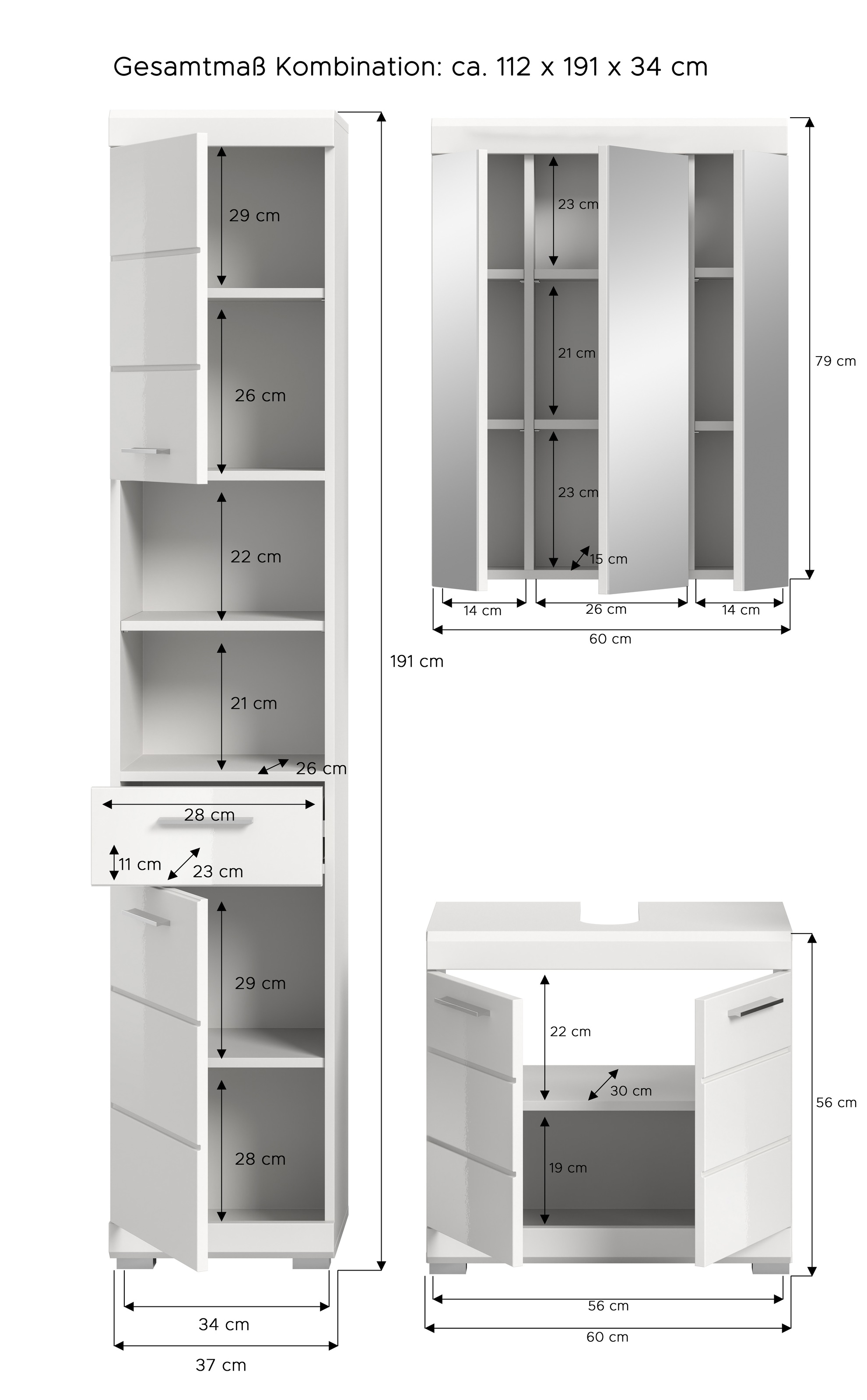 INOSIGN Badmöbel-Set »Siena, 3 teilig, bestehend aus:«, (Set), Hochschrank, Waschbeckenunterschrank, Spiegelschrank