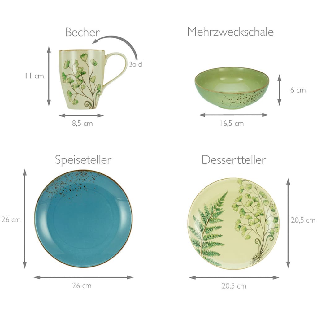 CreaTable Kombiservice »Geschirr-Set Botanica«, (Set, 16 tlg., Kaffeeservice und Tafelservice im Set, für 4 Personen)