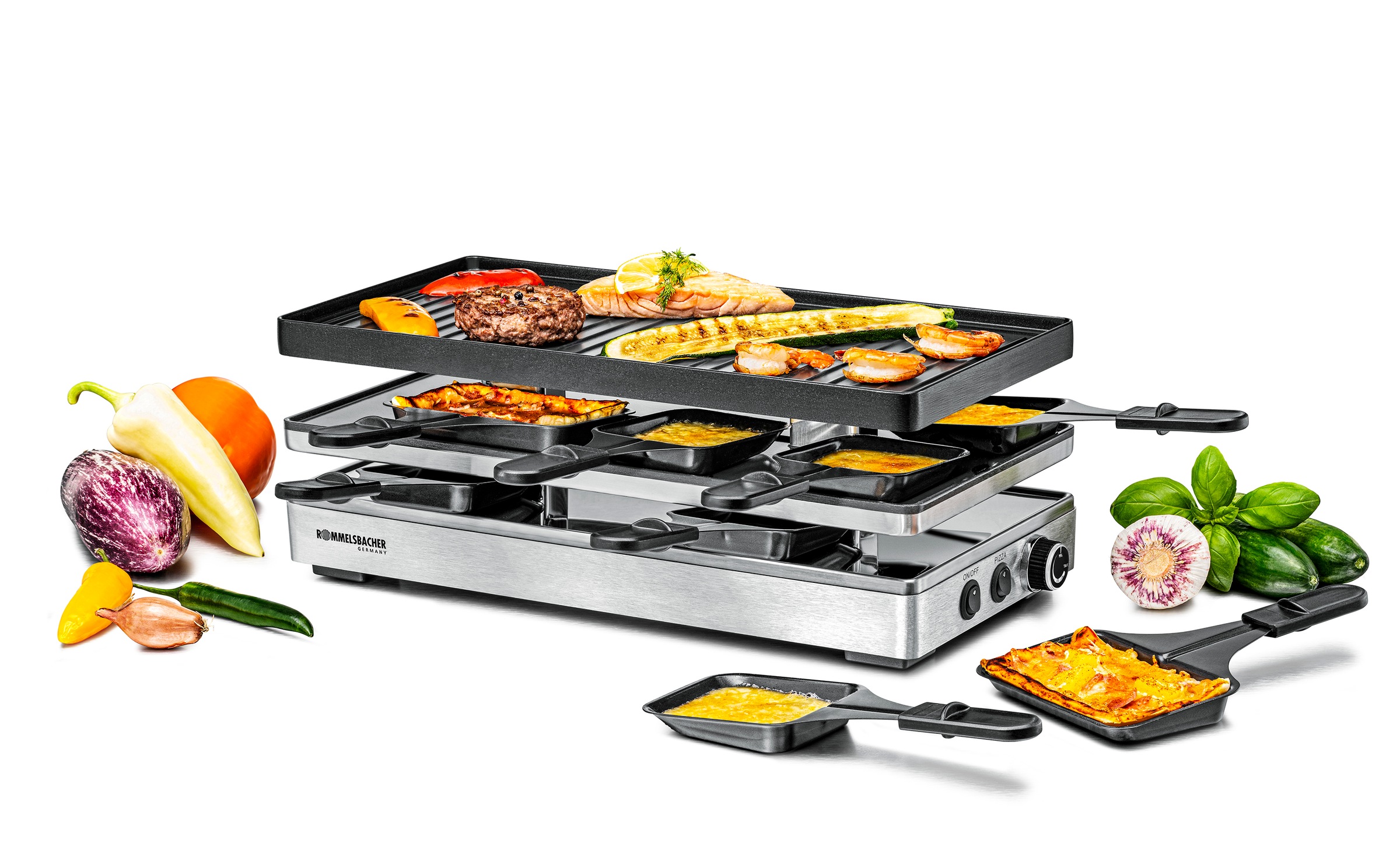 Rommelsbacher Raclette »RCP 1800« 14 Stk. Raclettepfännchen 1.800 W Pizza-Ebene mit zusätzlicher Heizung für knusprigen Teigboden