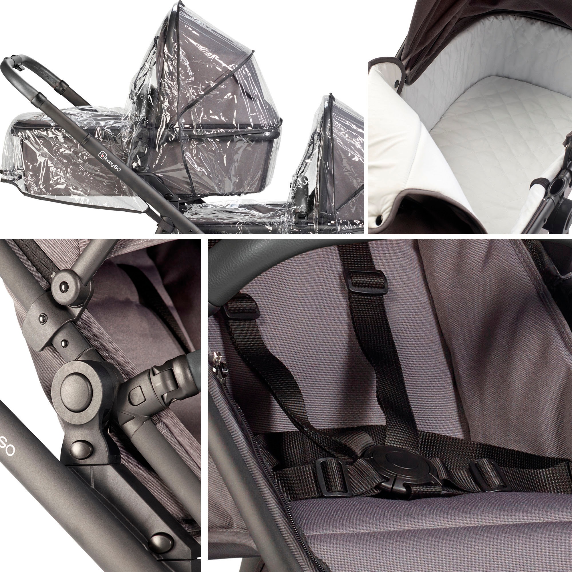 BabyGo Zwillings-Kombikinderwagen »Duo, grau« inkl. Wickeltasche u. 2 Regenhauben