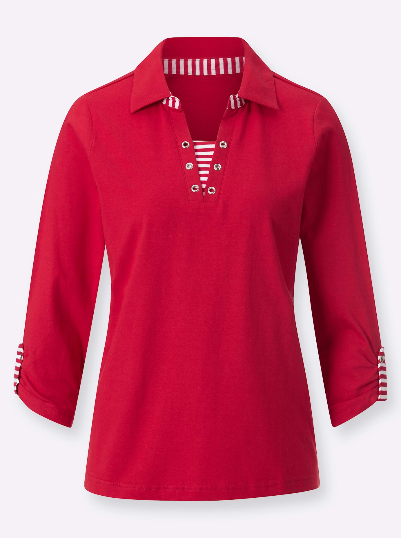 3/4-Arm-Shirt CASUAL LOOKS "Shirt", Damen, Gr. 54, rot (kirschrot), 100% Baumwolle, gemustert, gestreift, unifarben, V-Ausschnitt, Shirts 3/4-Arm-Shirt 3