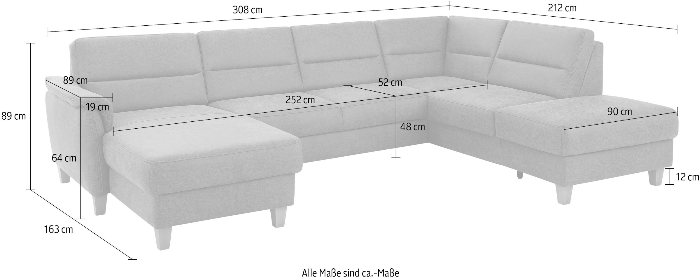 Home affaire Wohnlandschaft »Palmera U-Form, B: 308 cm, große Stoff + Leder Auswahl« optional Schlaffunktion & Bettkasten, Federkern, XXL-Wohnlandschaft