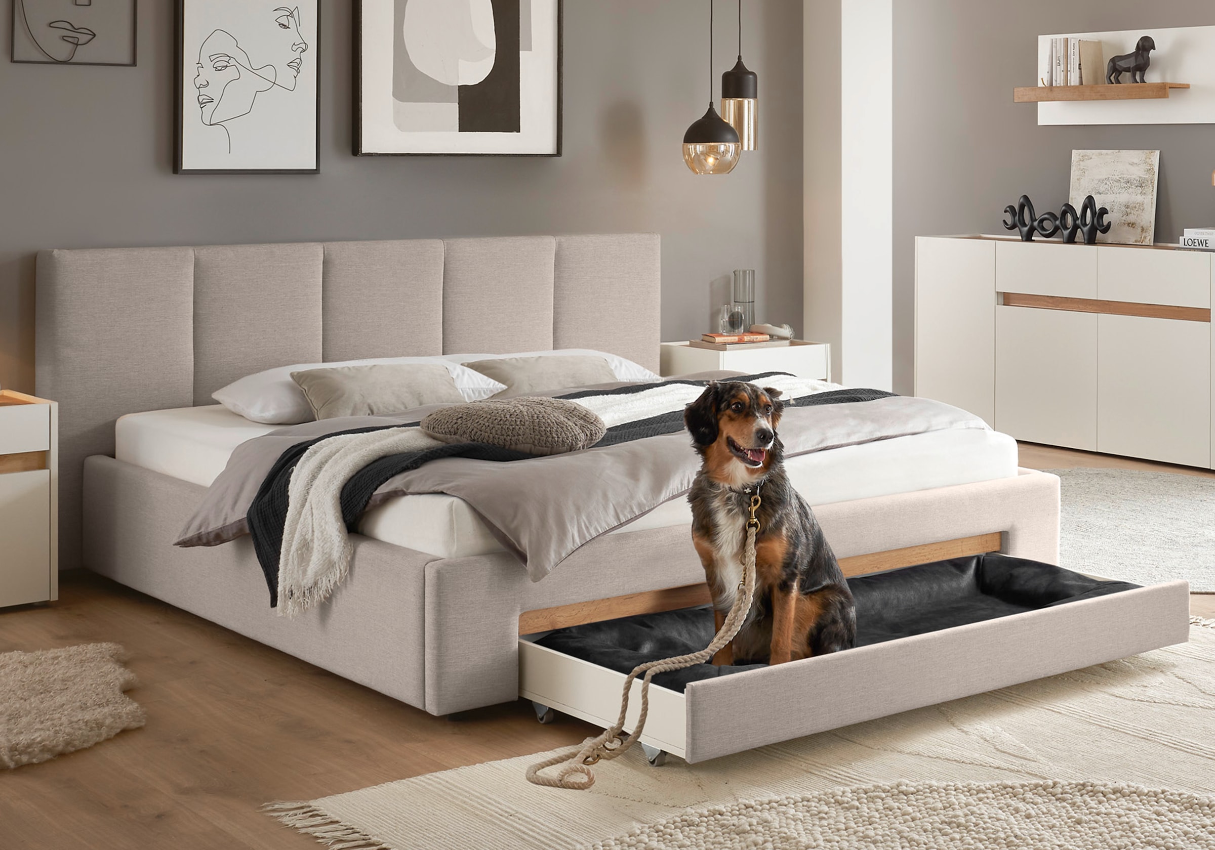 INOSIGN Polsterbett »CiTY/GiRON, Bettgestell mit Bettkasten, gepolstertes Stauraumbett«, mit Hundebett oder Stauraumschublade, Bezug Cord-oder Leinenoptik