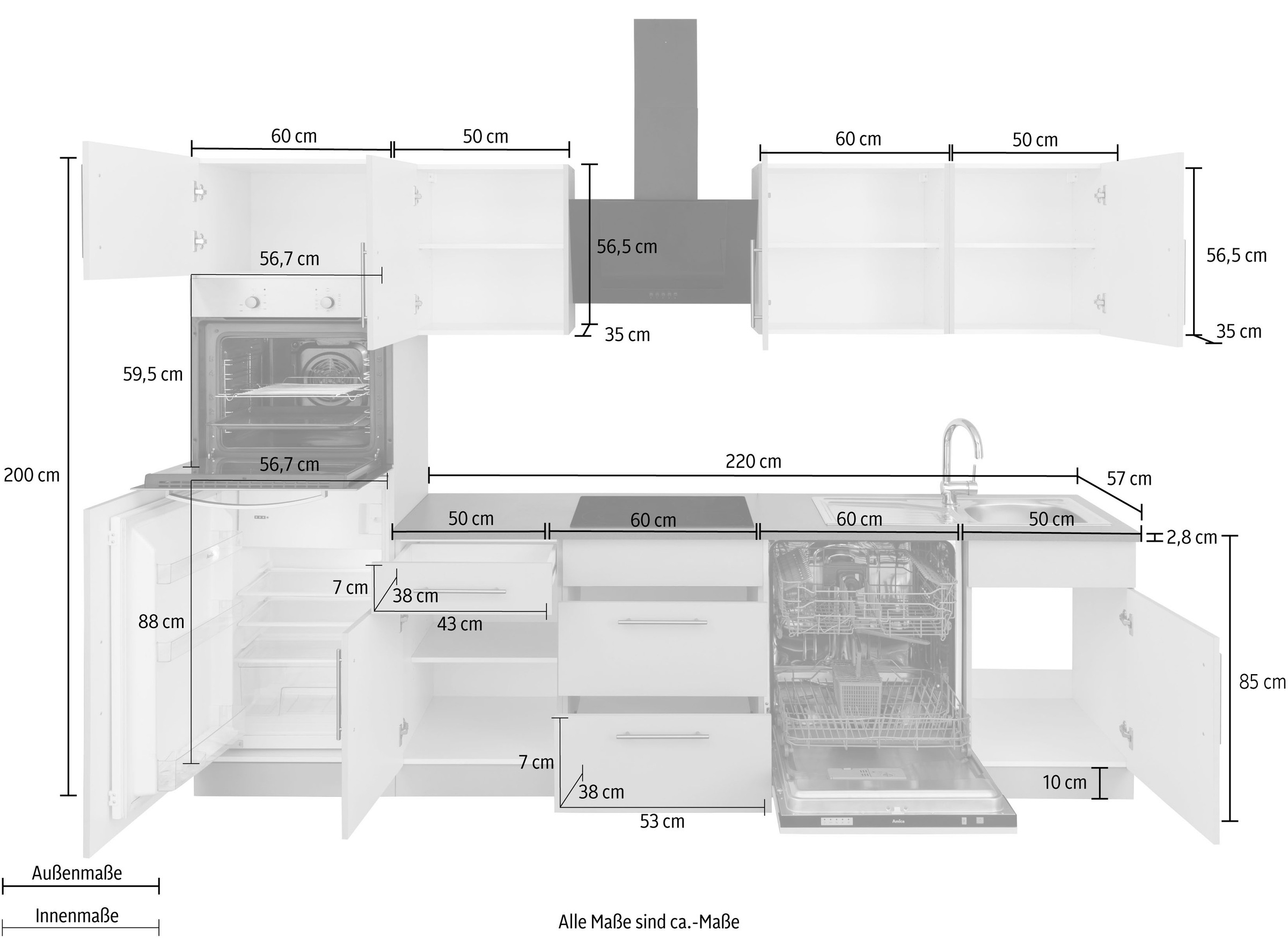 BAUR | Küchenzeile Küchen Breite ohne kaufen 280 »Cali«, wiho cm E-Geräte,