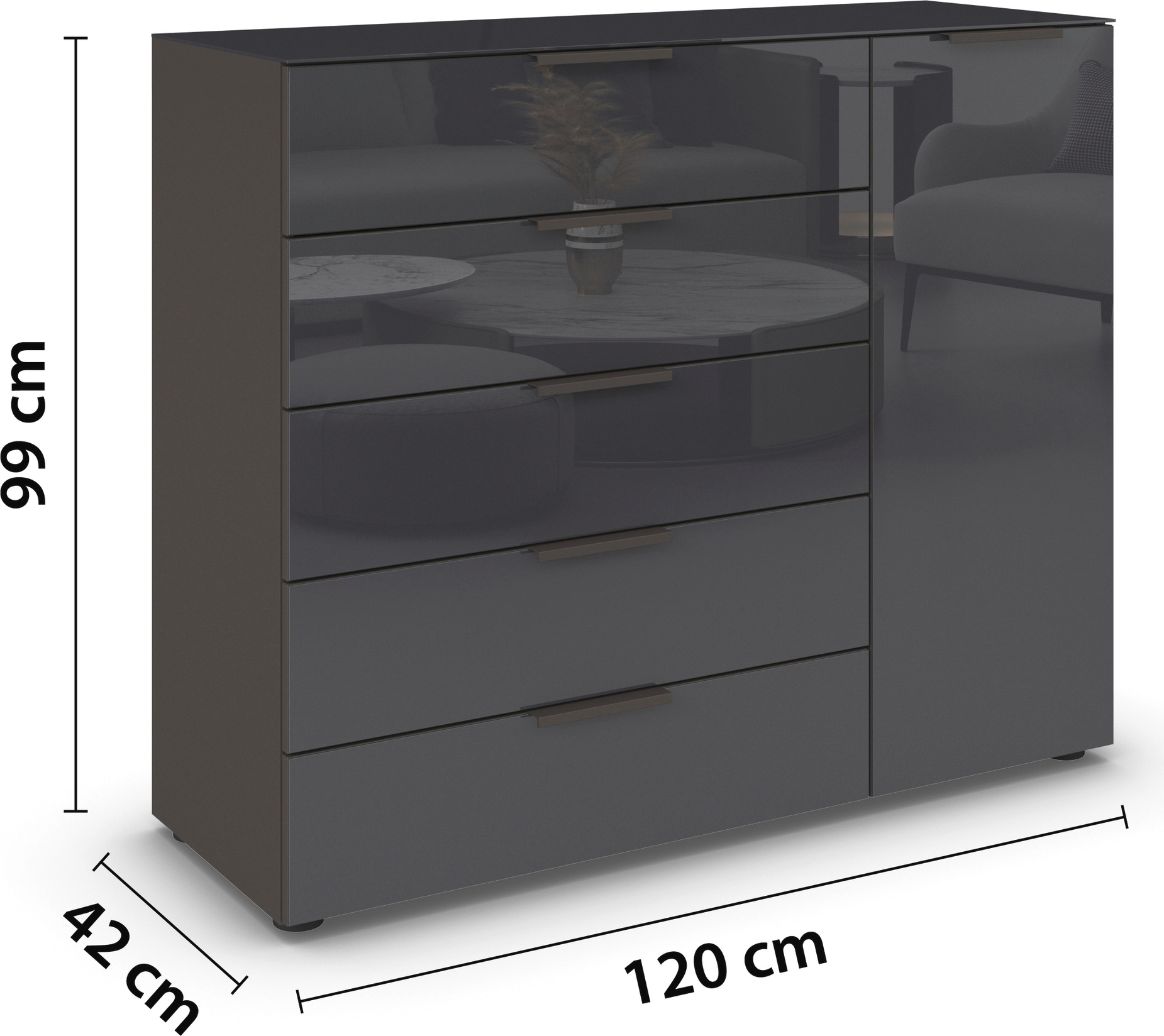 rauch Schubkastenkommode »Kommode Türkommode Sideboard Kombikommode FLIPP mit Glasfront«, (Breite 120 cm mit 2 Einlegeböden), 1-türig, 5 Schubladen, Soft-Close-Funktion, Oberboden und Front Glas