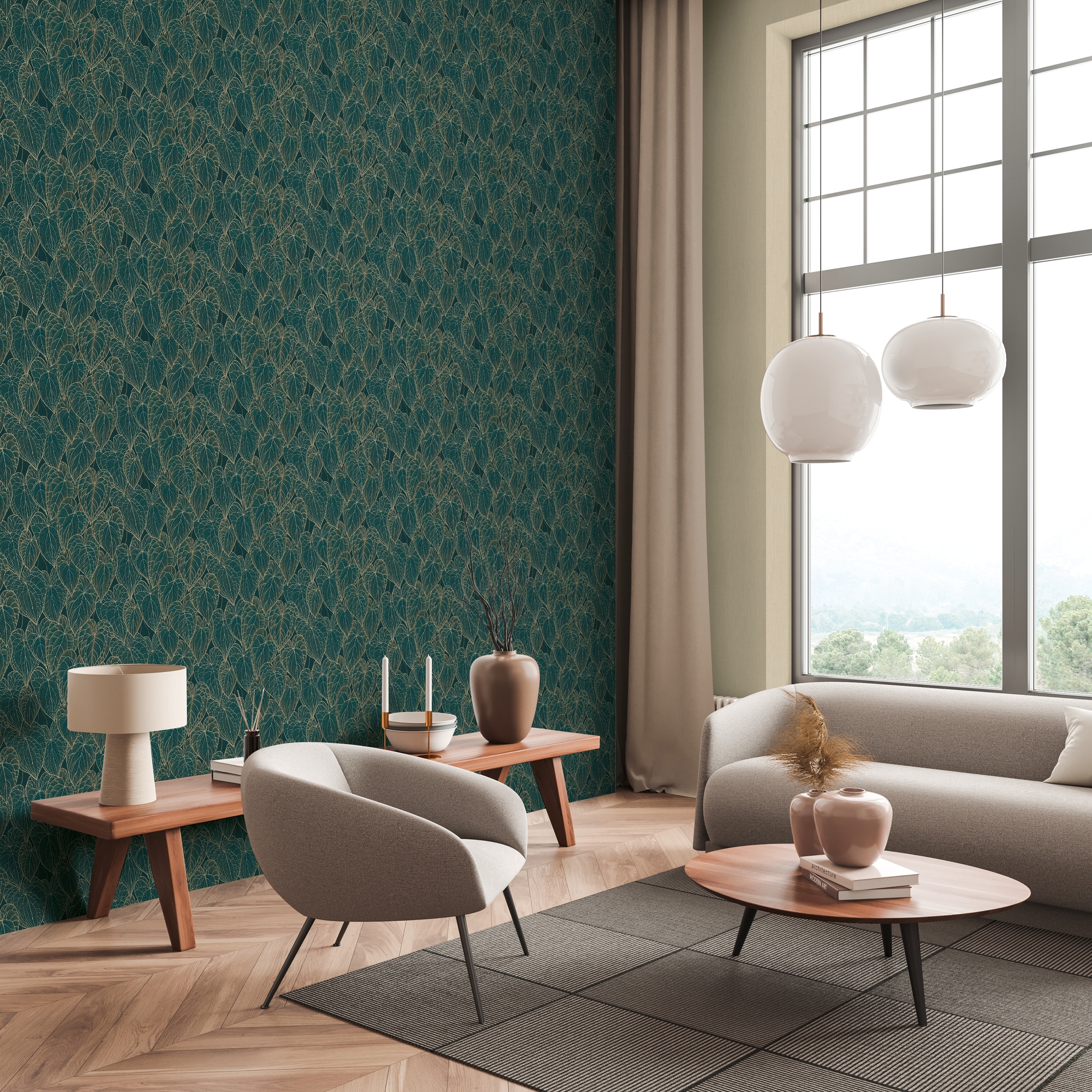living walls "Tropen-Tapete - Blättermuster modern glänzend" leicht glänzend strukturiert Elegante Vliestapete mit tropischem Blättermuster